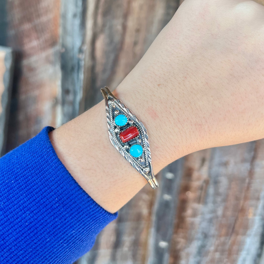 Navajo Genuine Turquoise and Coral 3 Stone Sterling Silver Cuff Bracelet