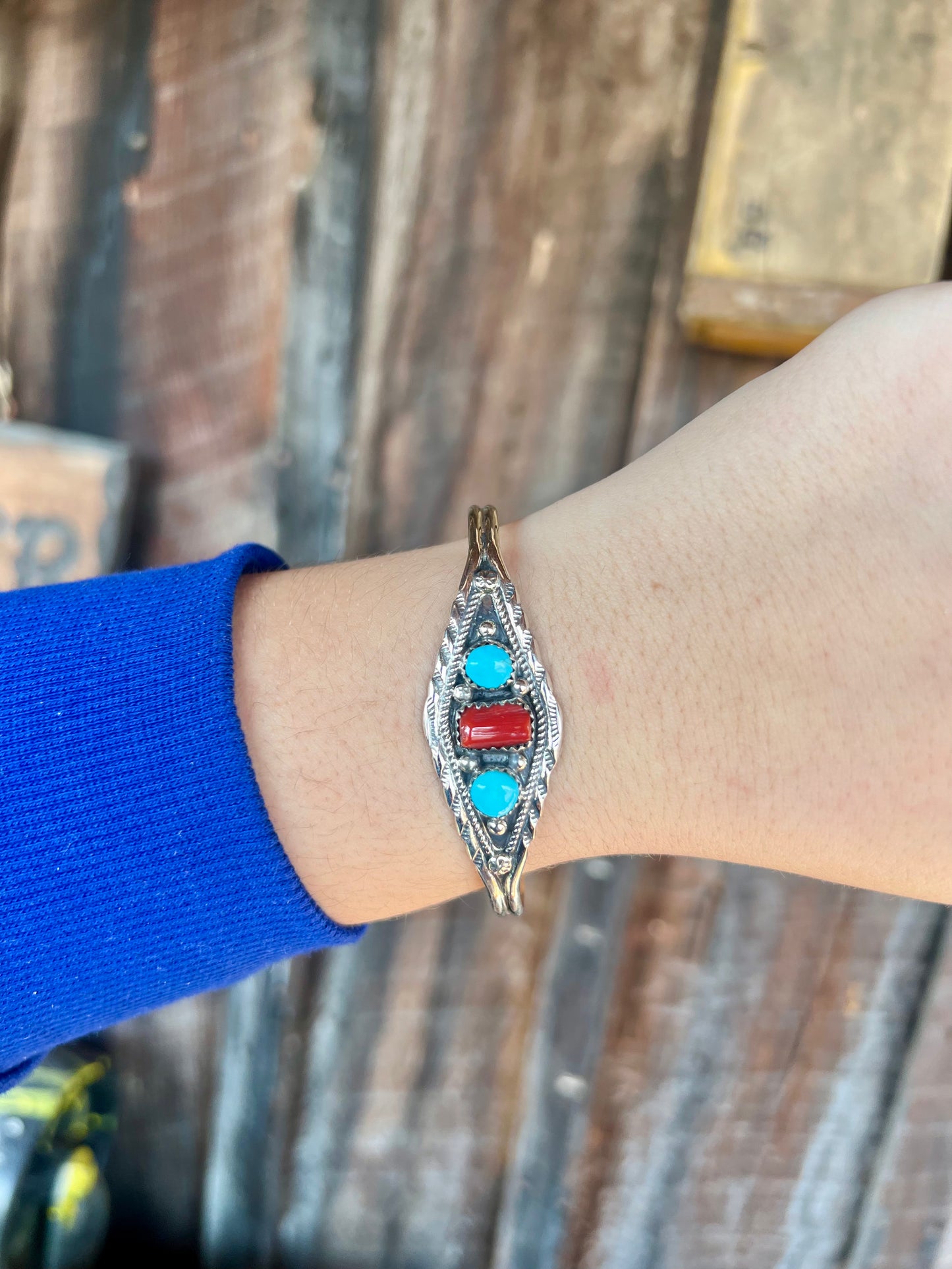 Navajo Genuine Turquoise and Coral 3 Stone Sterling Silver Cuff Bracelet