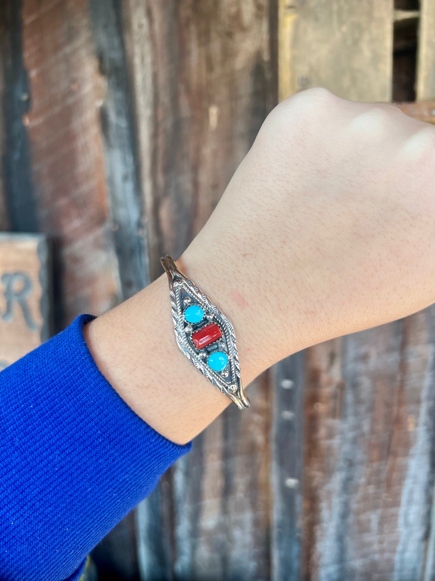 Navajo Genuine Turquoise and Coral 3 Stone Sterling Silver Cuff Bracelet