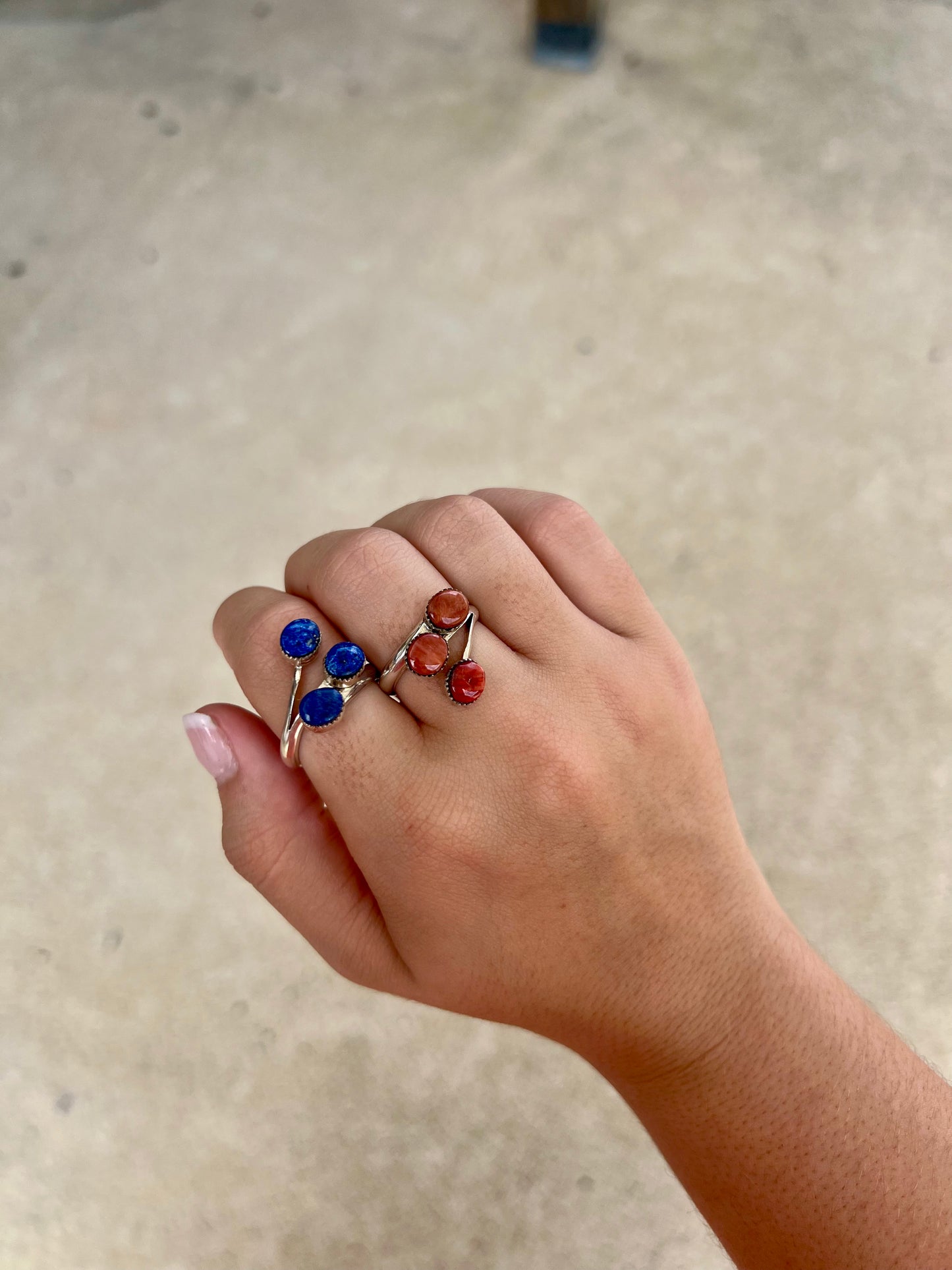 3 Stone Blue Lapis/Spiny Oyster Sterling Silver Ring