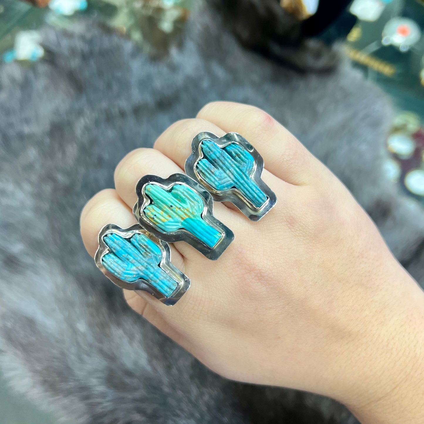 Genuine Turquoise Cactus Sterling Silver Ring