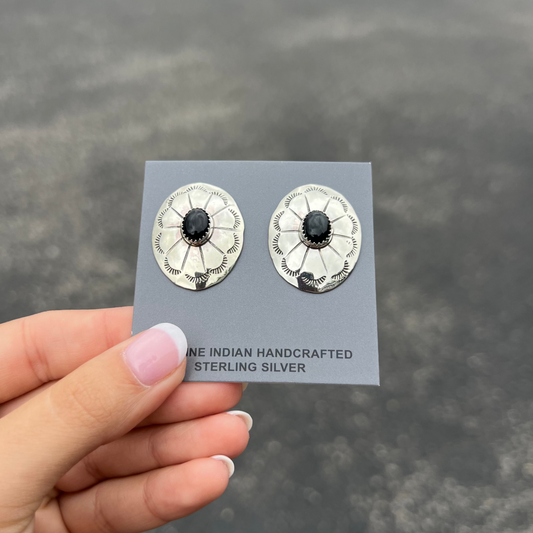 Black Onyx Sterling Silver Concho Earrings