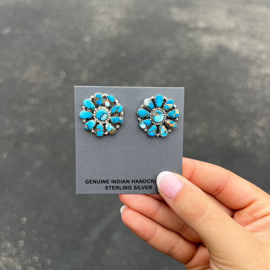 Mint Blue Turquoise Sterling Silver Cluster Earrings