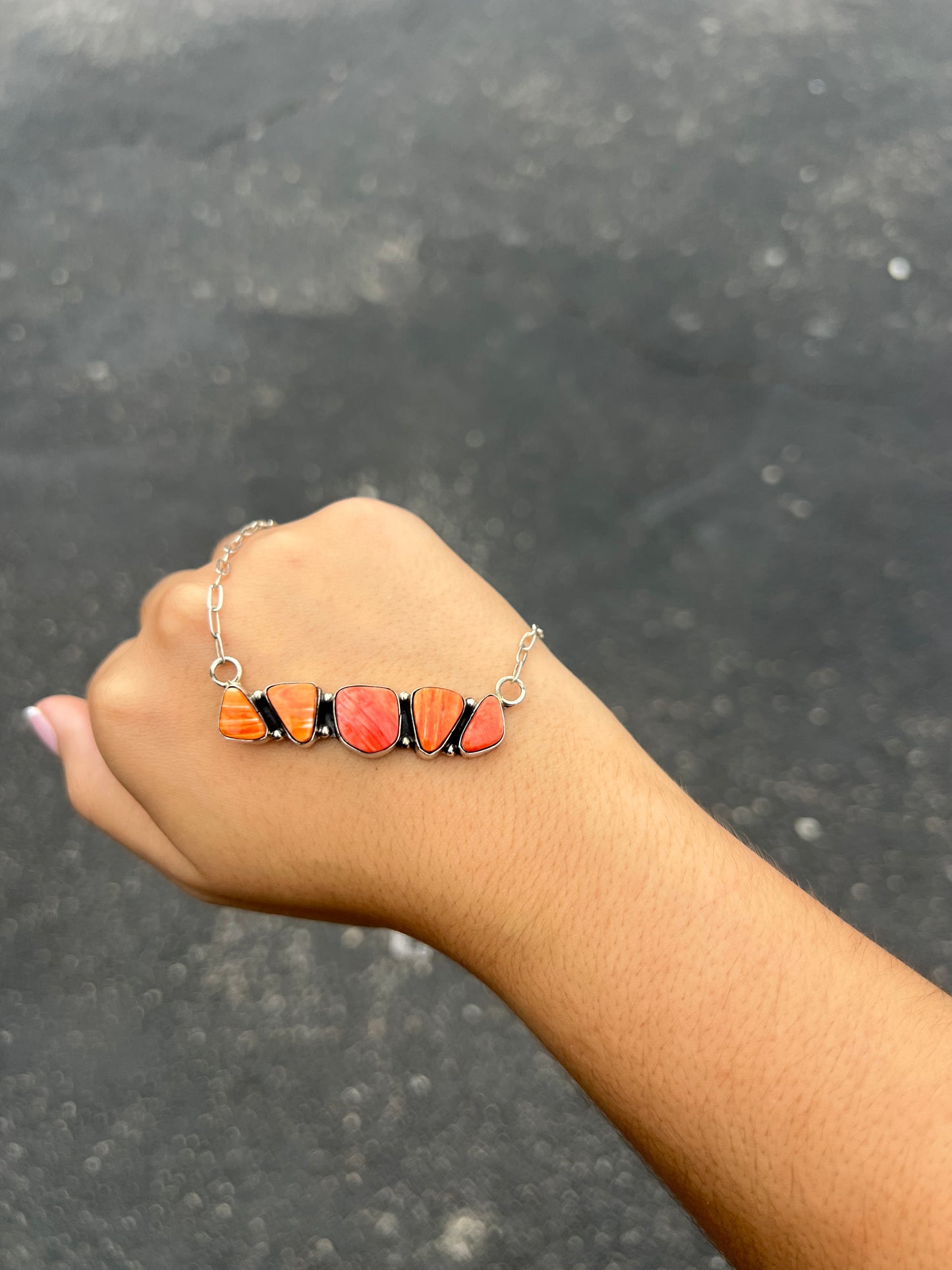 Genuine Orange and Red Spiny Oyster 5 Stone Bar Necklace