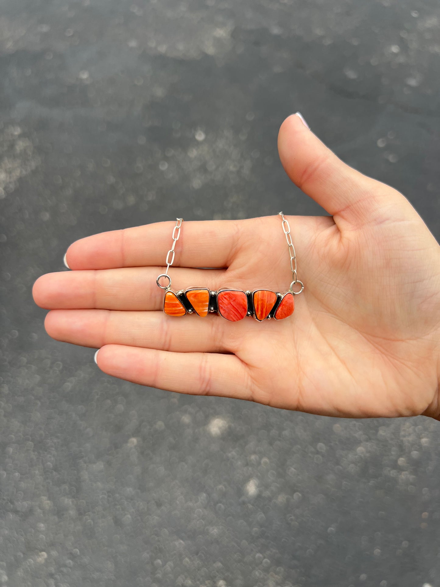 Genuine Orange and Red Spiny Oyster 5 Stone Bar Necklace
