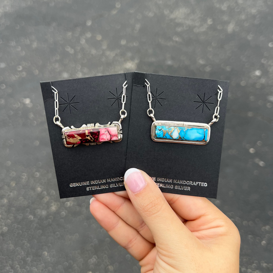 Navajo Dahlia Rose or Mint Blue Turquoise Sterling Silver Bar Necklace