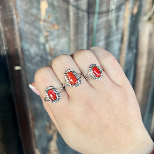 Genuine Coral Sterling Silver Beaded Ring