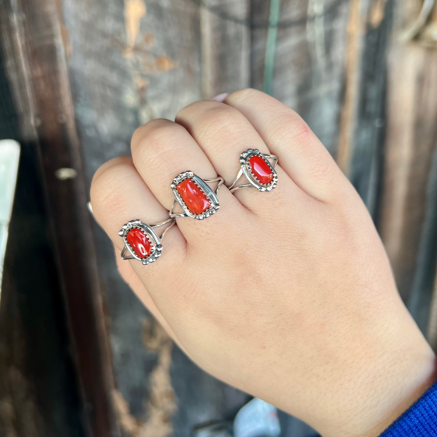 Genuine Coral Sterling Silver Beaded Ring