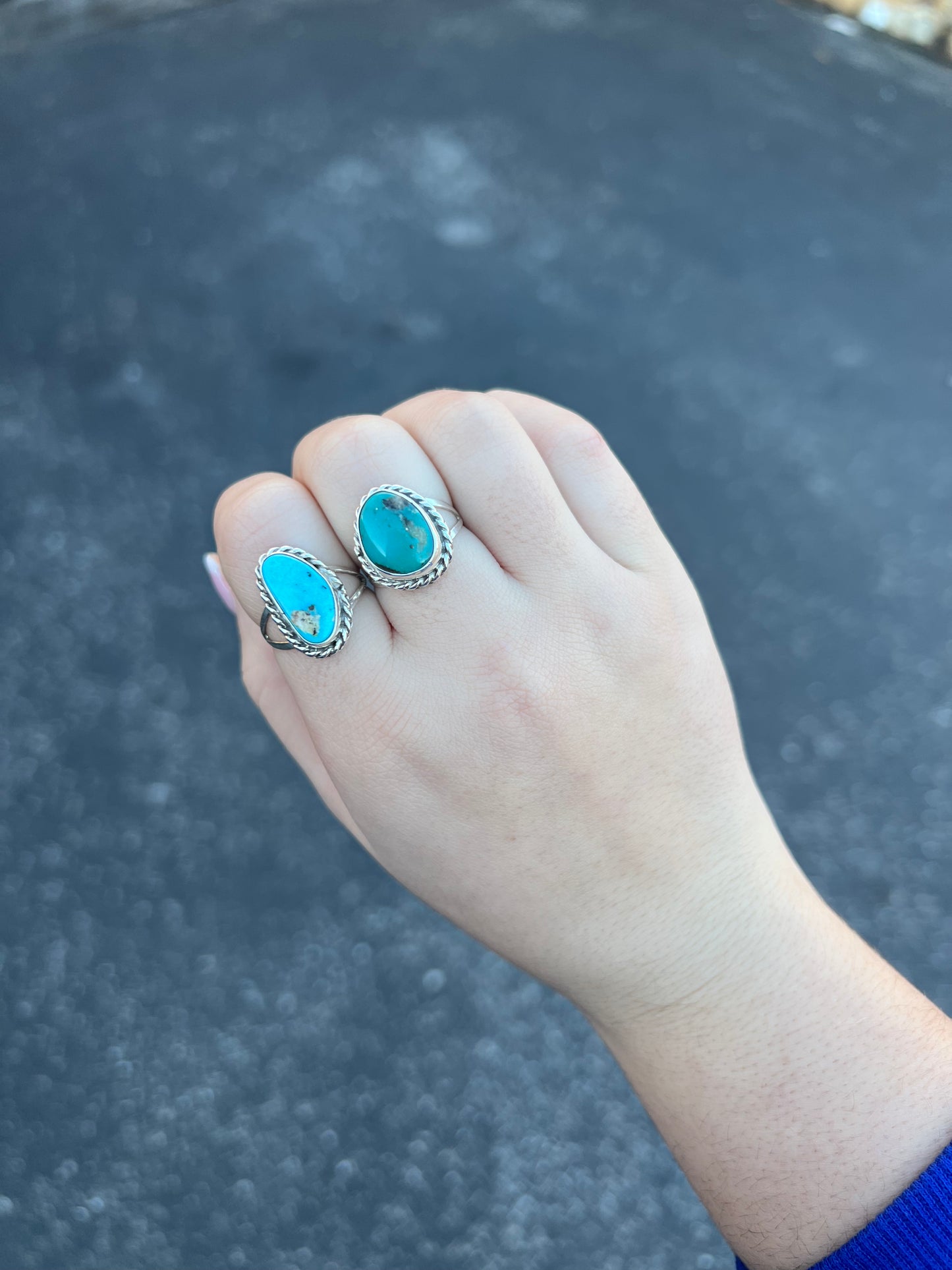 Genuine Turquoise Free Form Stone with Twist Border Sterling Silver Ring