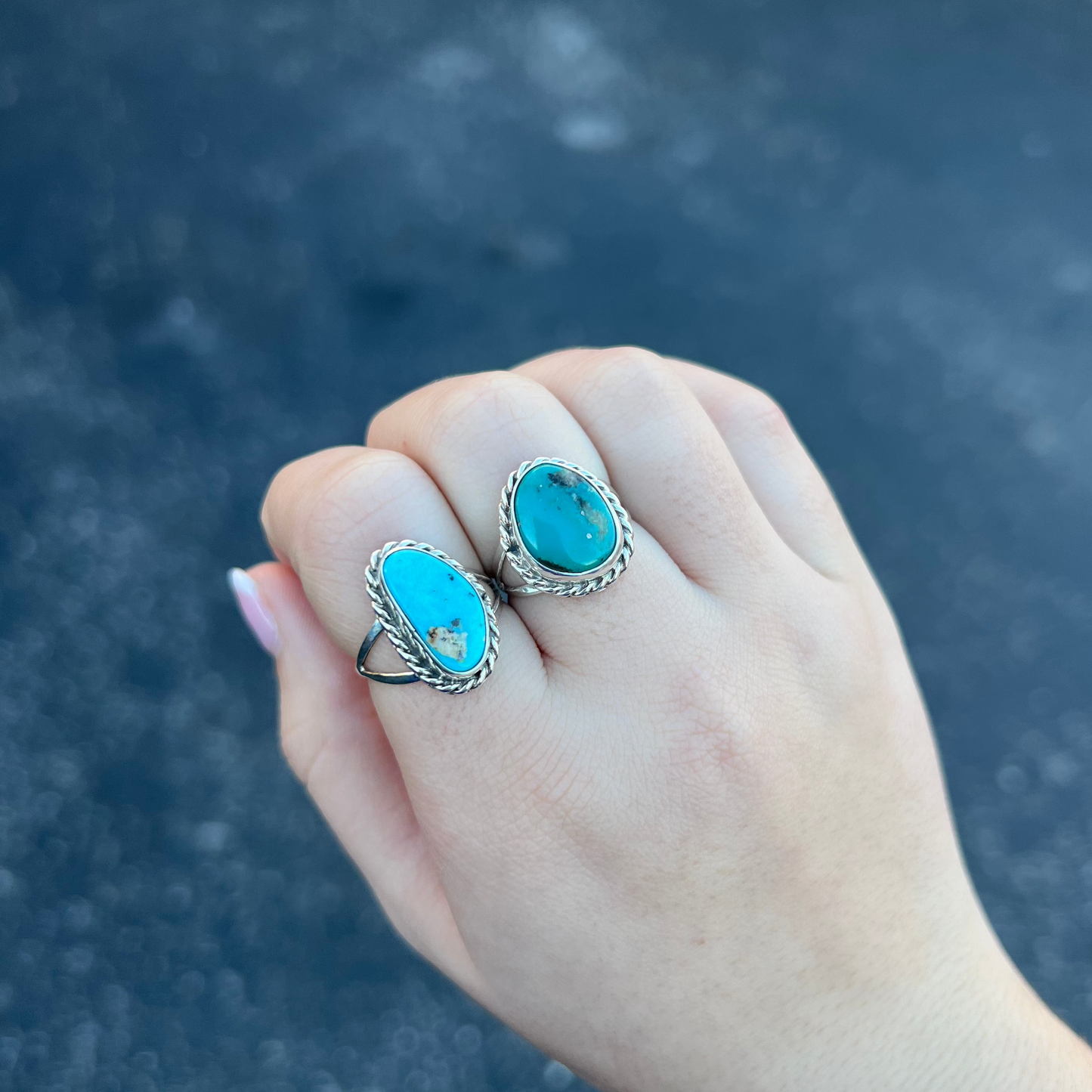 Genuine Turquoise Free Form Stone with Twist Border Sterling Silver Ring