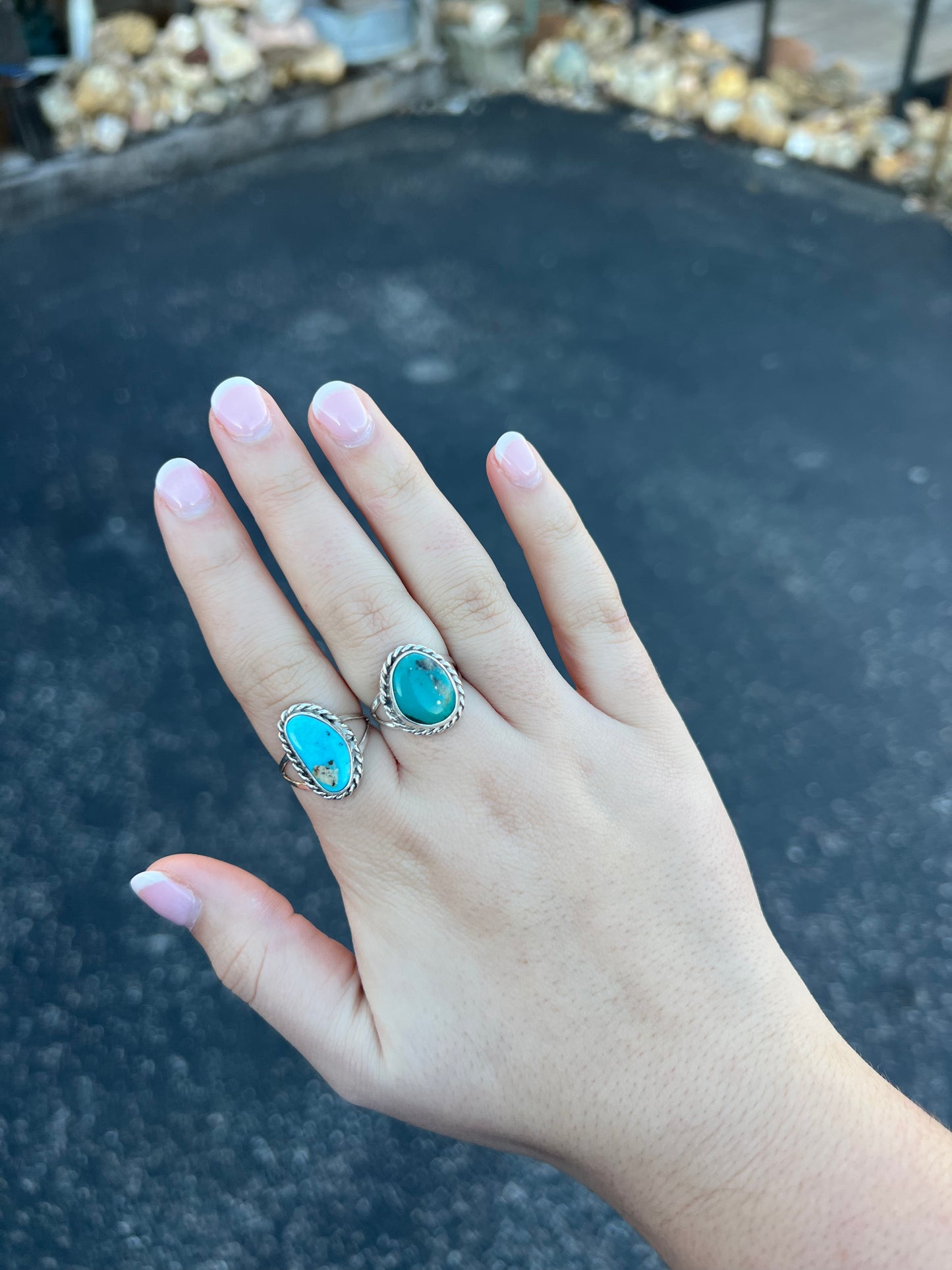 Genuine Turquoise Free Form Stone with Twist Border Sterling Silver Ring