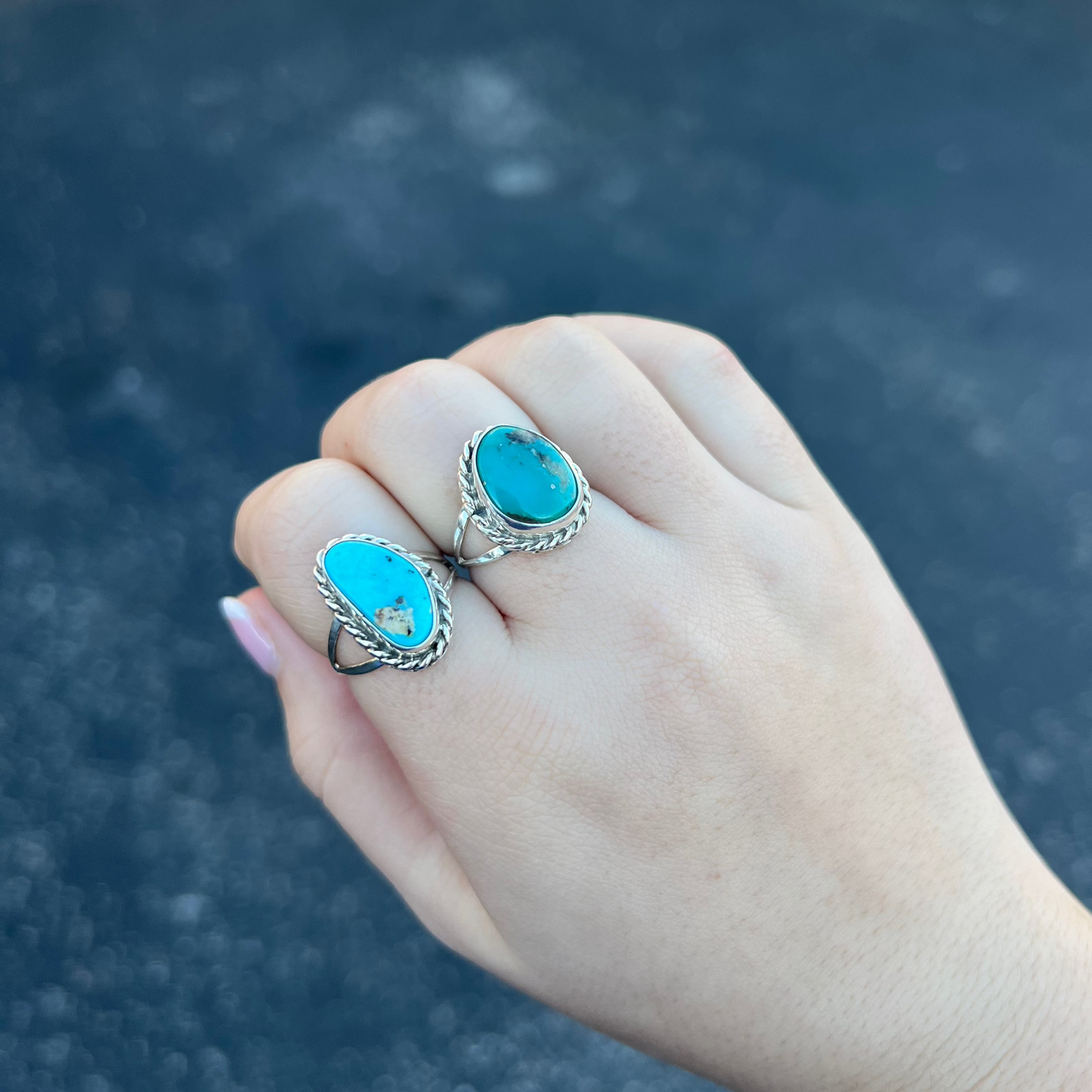 Genuine Turquoise Free Form Stone with Twist Border Sterling Silver Ring