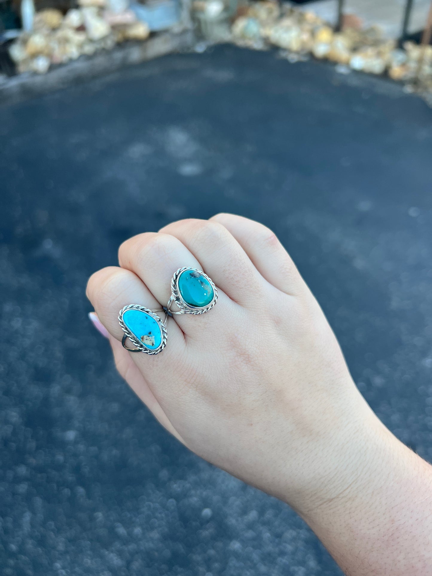 Genuine Turquoise Free Form Stone with Twist Border Sterling Silver Ring