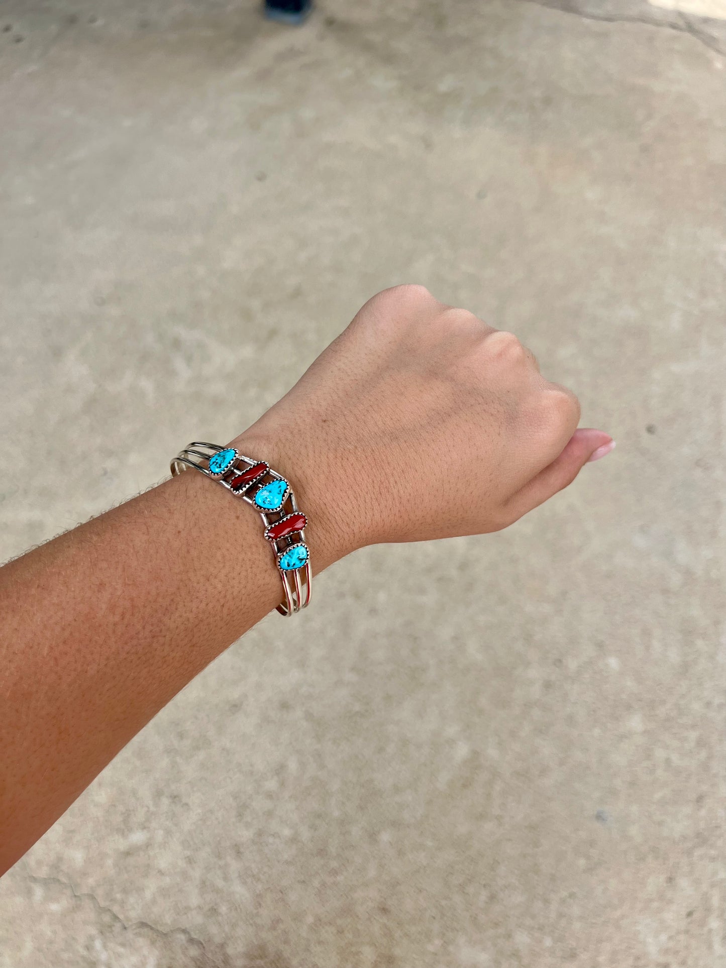 Genuine Kingman Turquoise and Coral Sterling Silver Sweater Bracelet