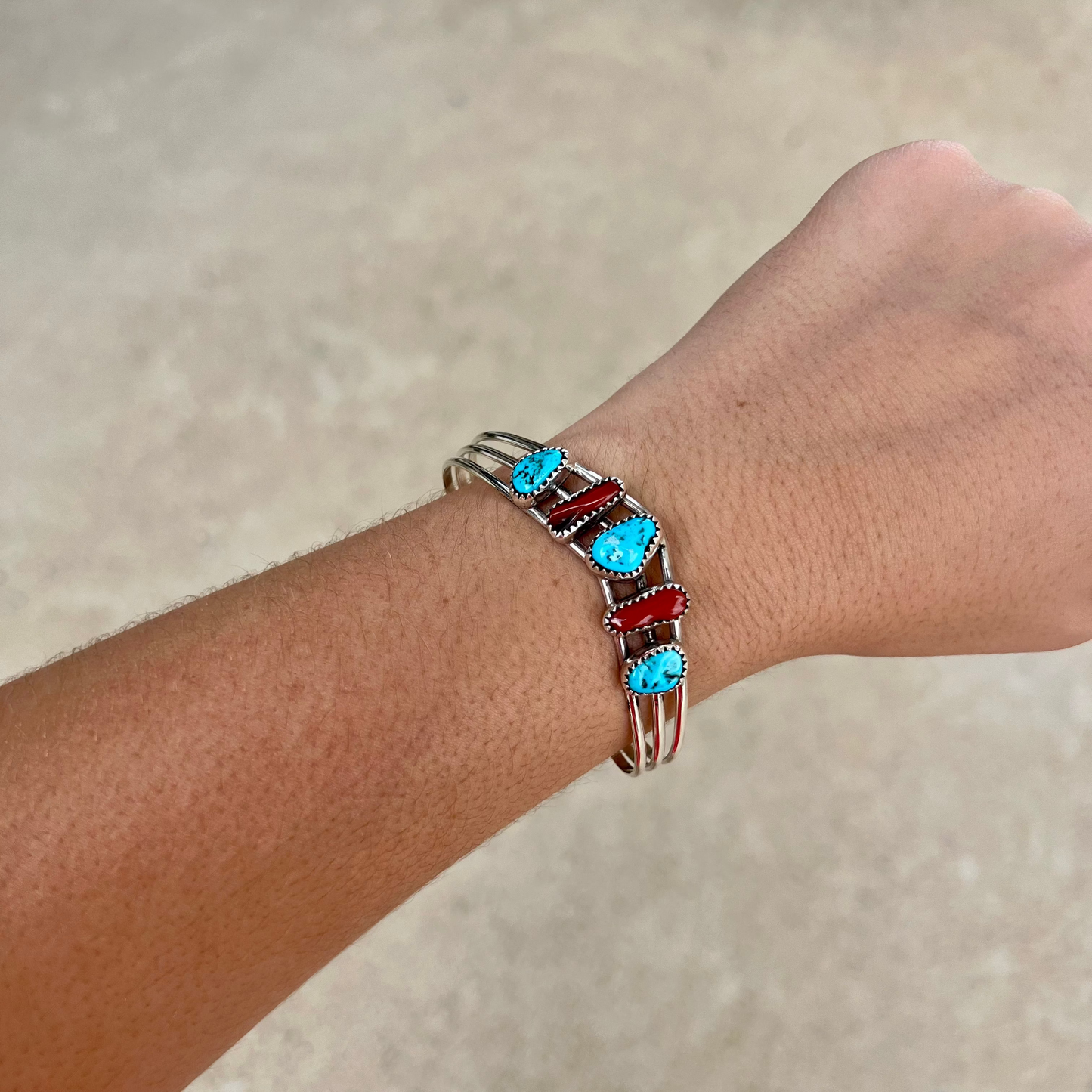 Genuine Kingman Turquoise and Coral Sterling Silver Sweater Bracelet