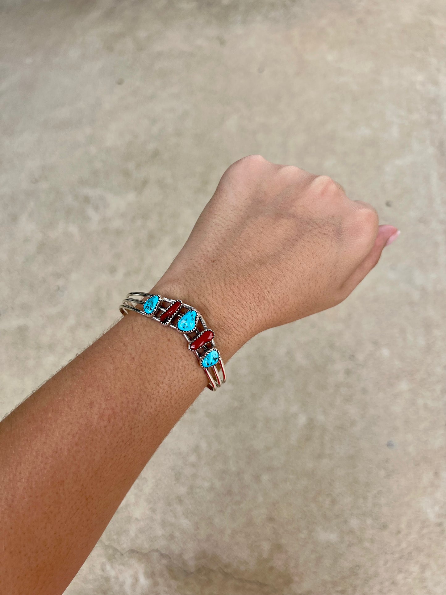 Genuine Kingman Turquoise and Coral Sterling Silver Sweater Bracelet