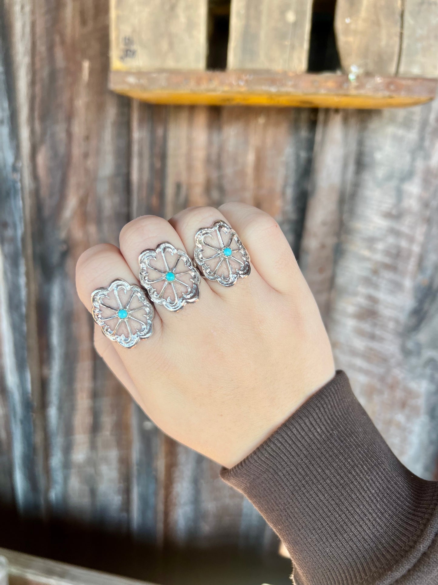 Sterling Silver Sand Cast Flower with Turquoise Stud Ring