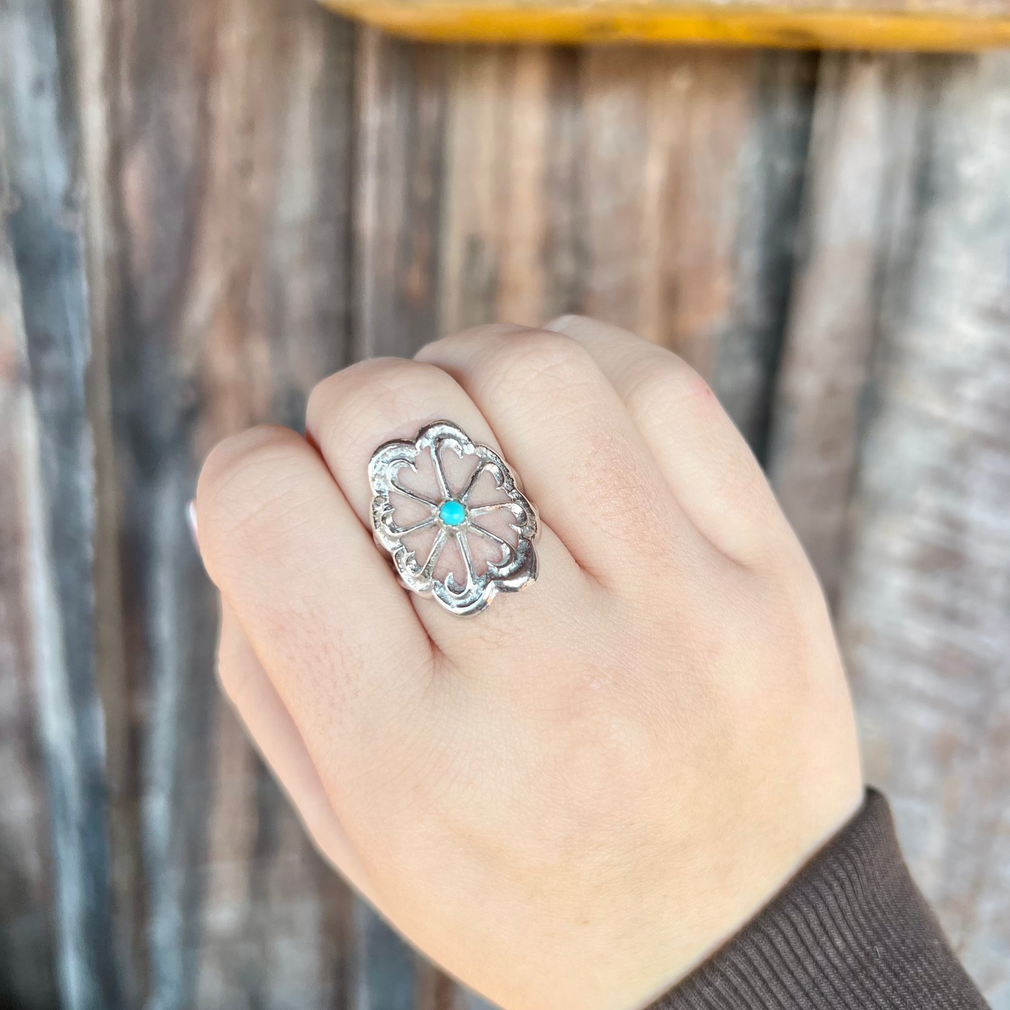 Sterling Silver Sand Cast Flower with Turquoise Stud Ring