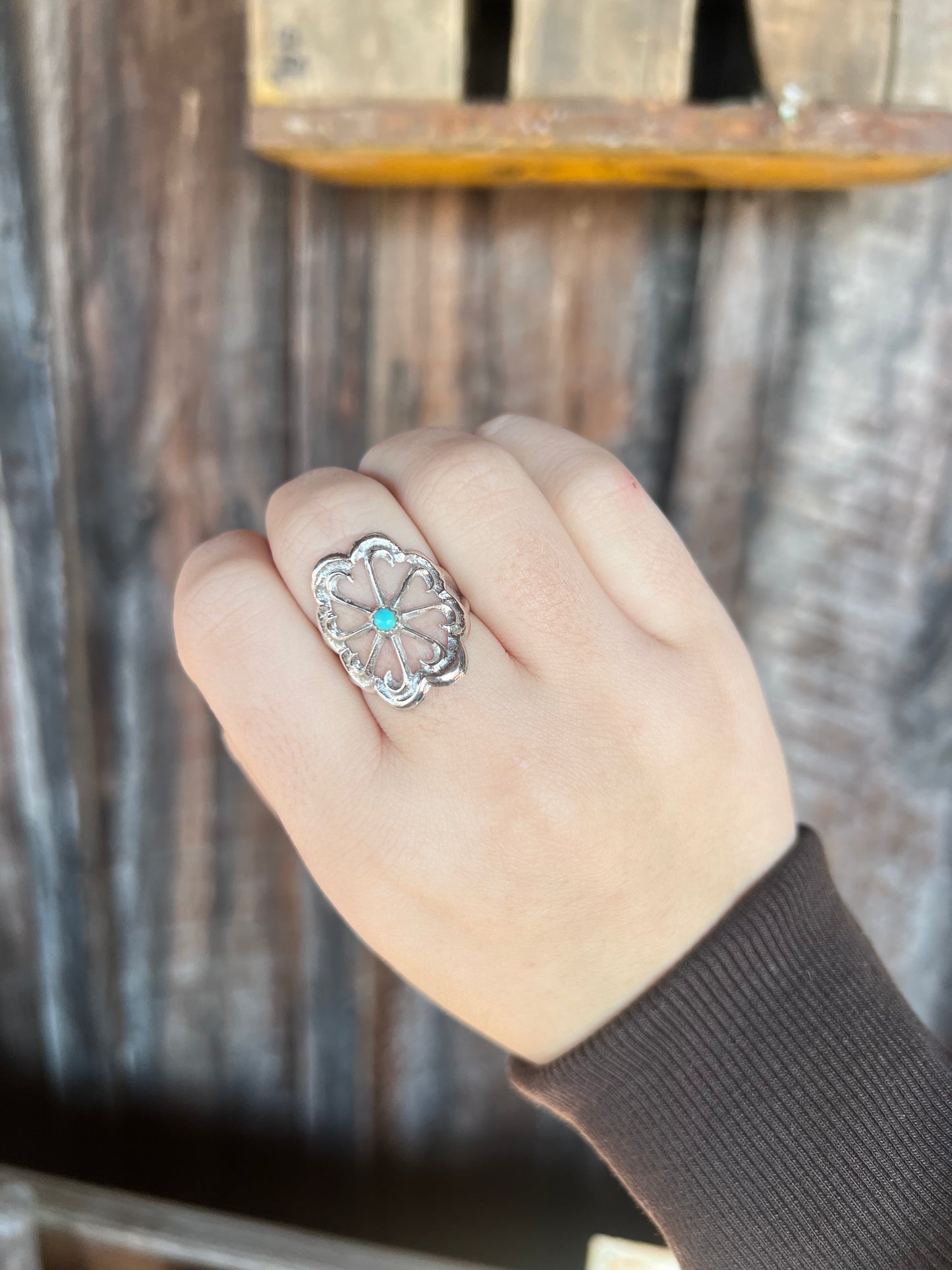 Sterling Silver Sand Cast Flower with Turquoise Stud Ring