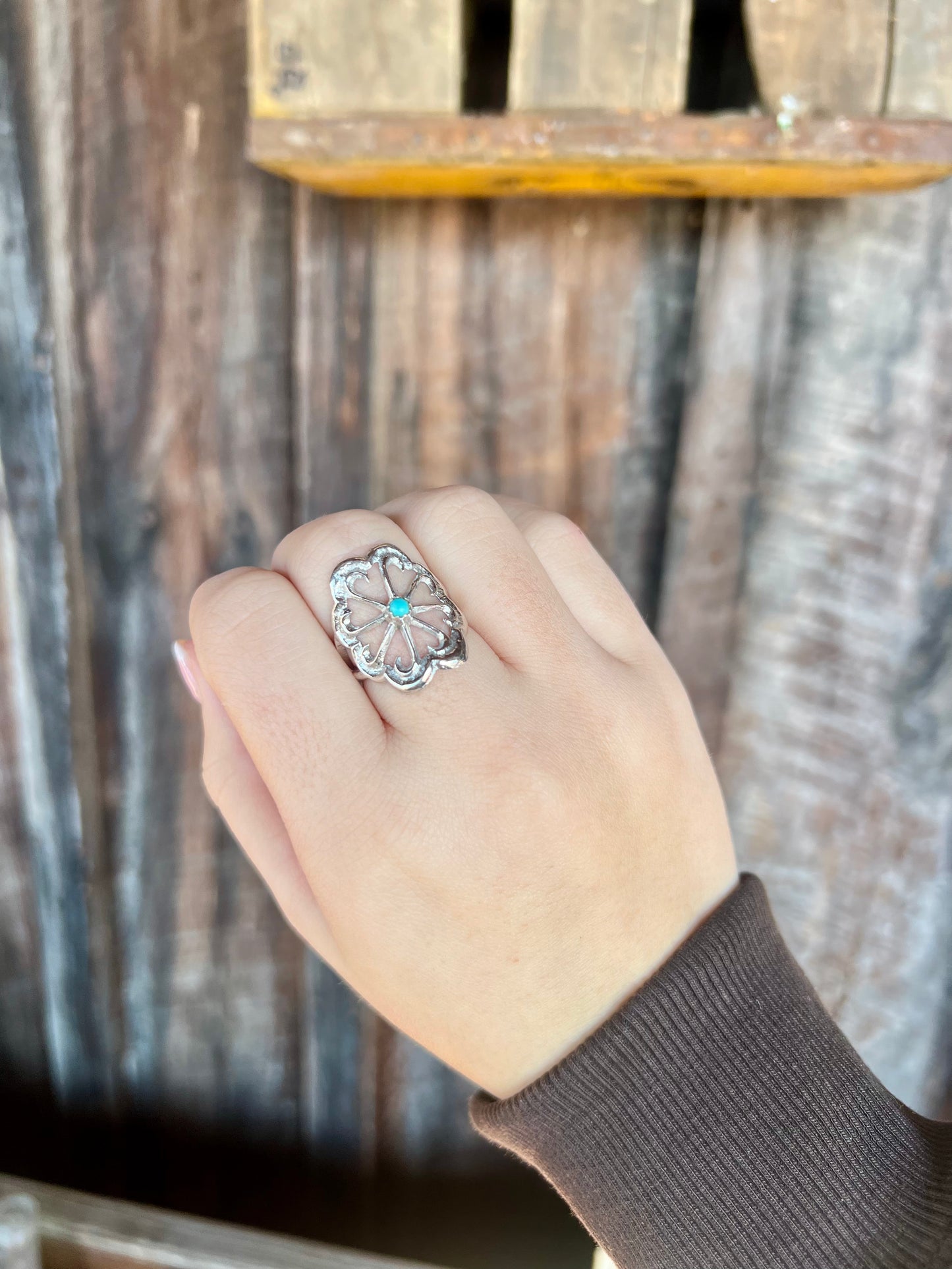 Sterling Silver Sand Cast Flower with Turquoise Stud Ring