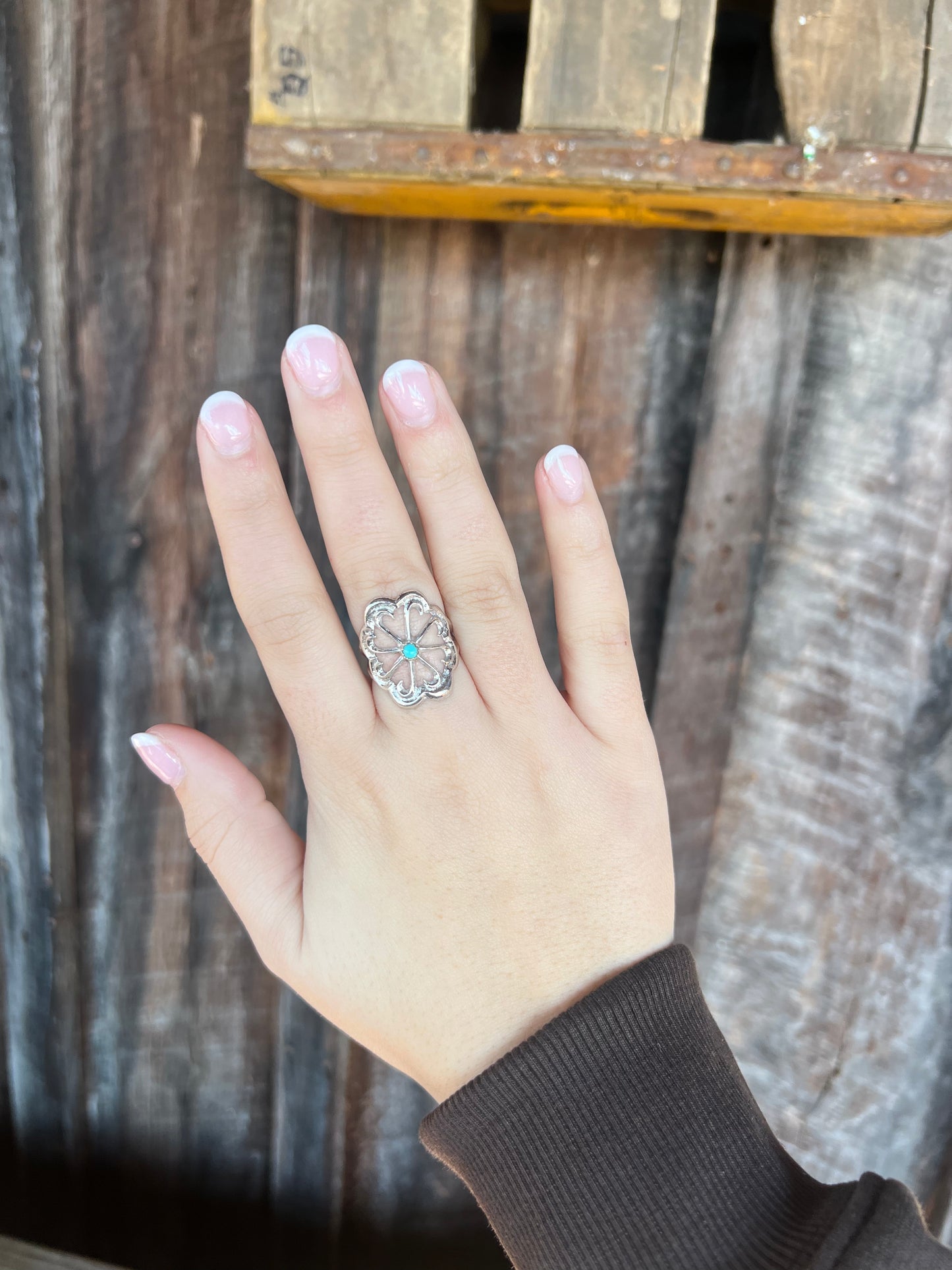 Sterling Silver Sand Cast Flower with Turquoise Stud Ring