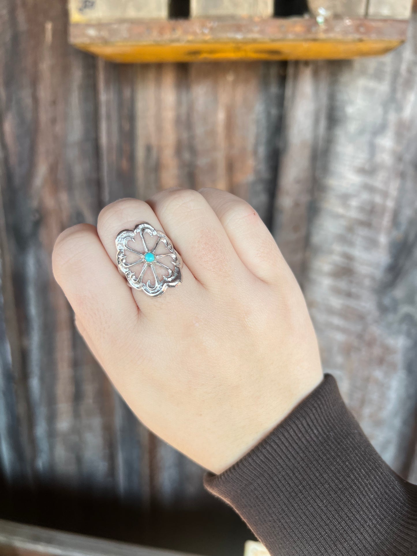 Sterling Silver Sand Cast Flower with Turquoise Stud Ring