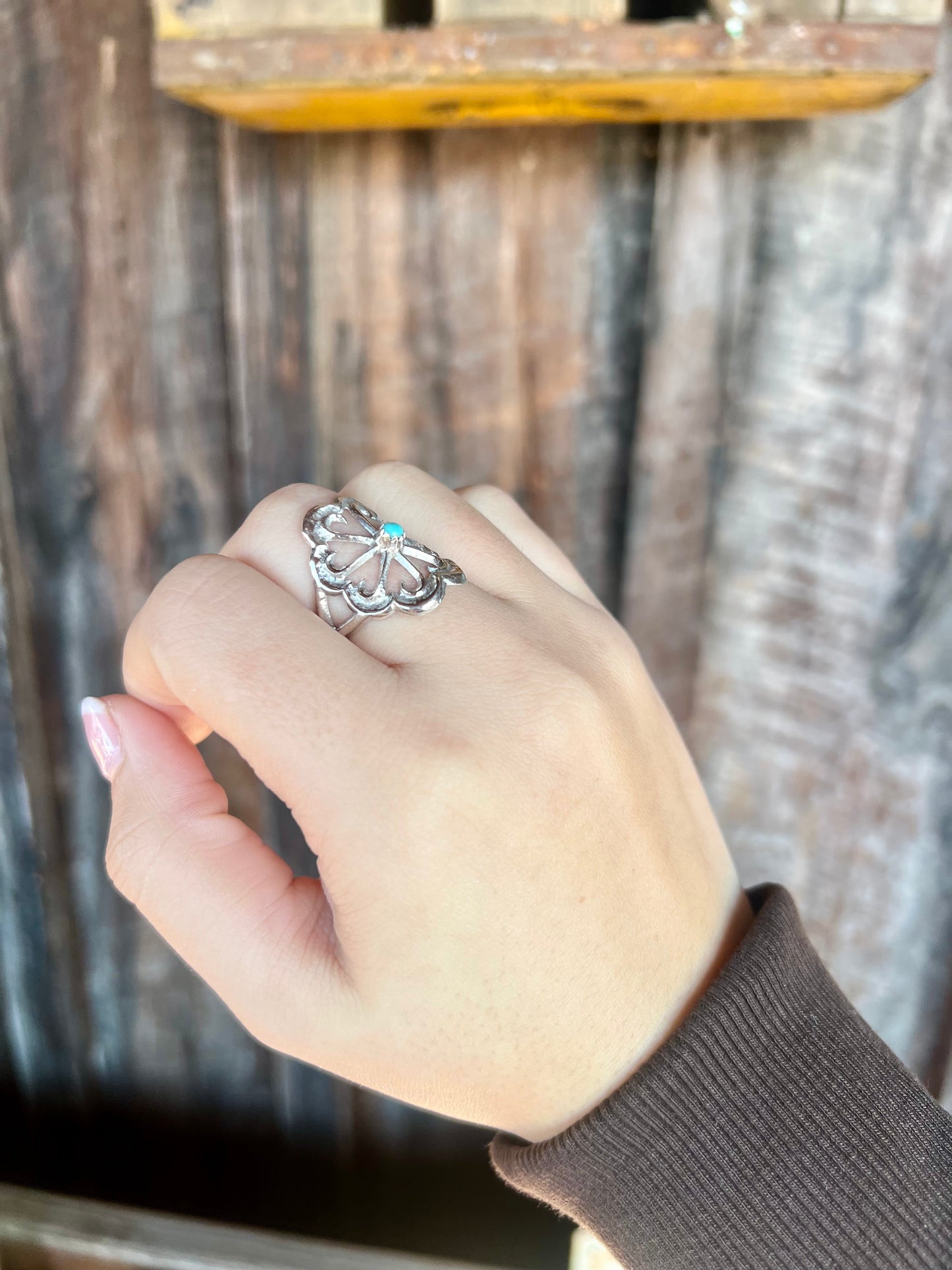 Sterling Silver Sand Cast Flower with Turquoise Stud Ring