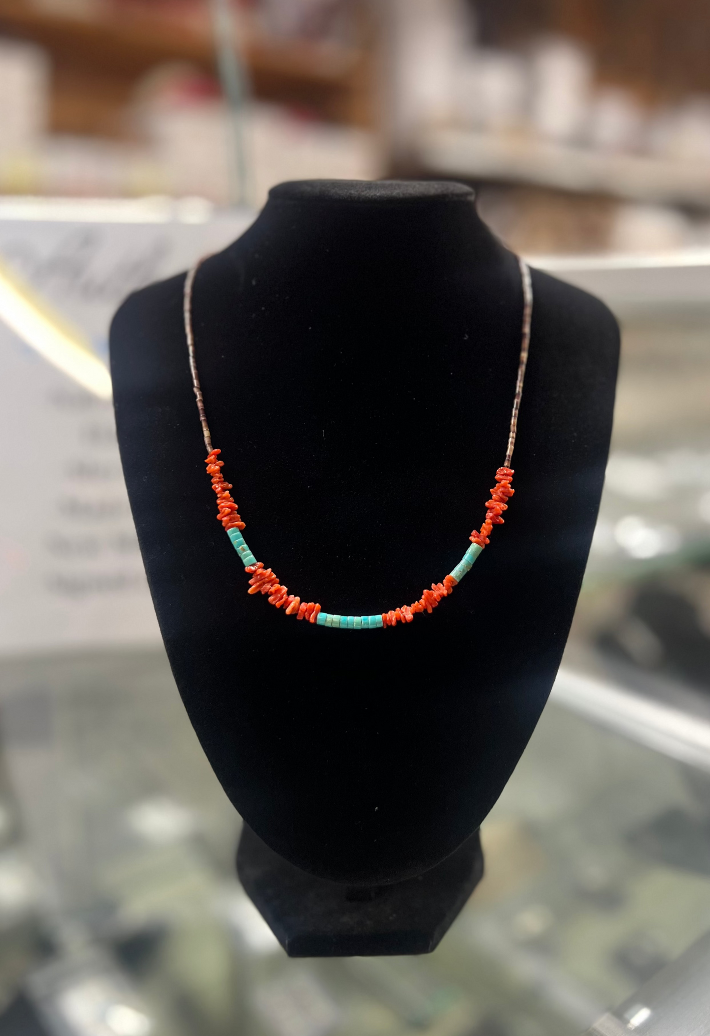 Natural Coral Chips, Turquoise, Heishi Necklace - 19"