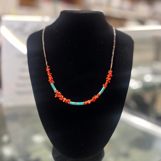 Natural Coral Chips, Turquoise, Heishi Necklace - 19"