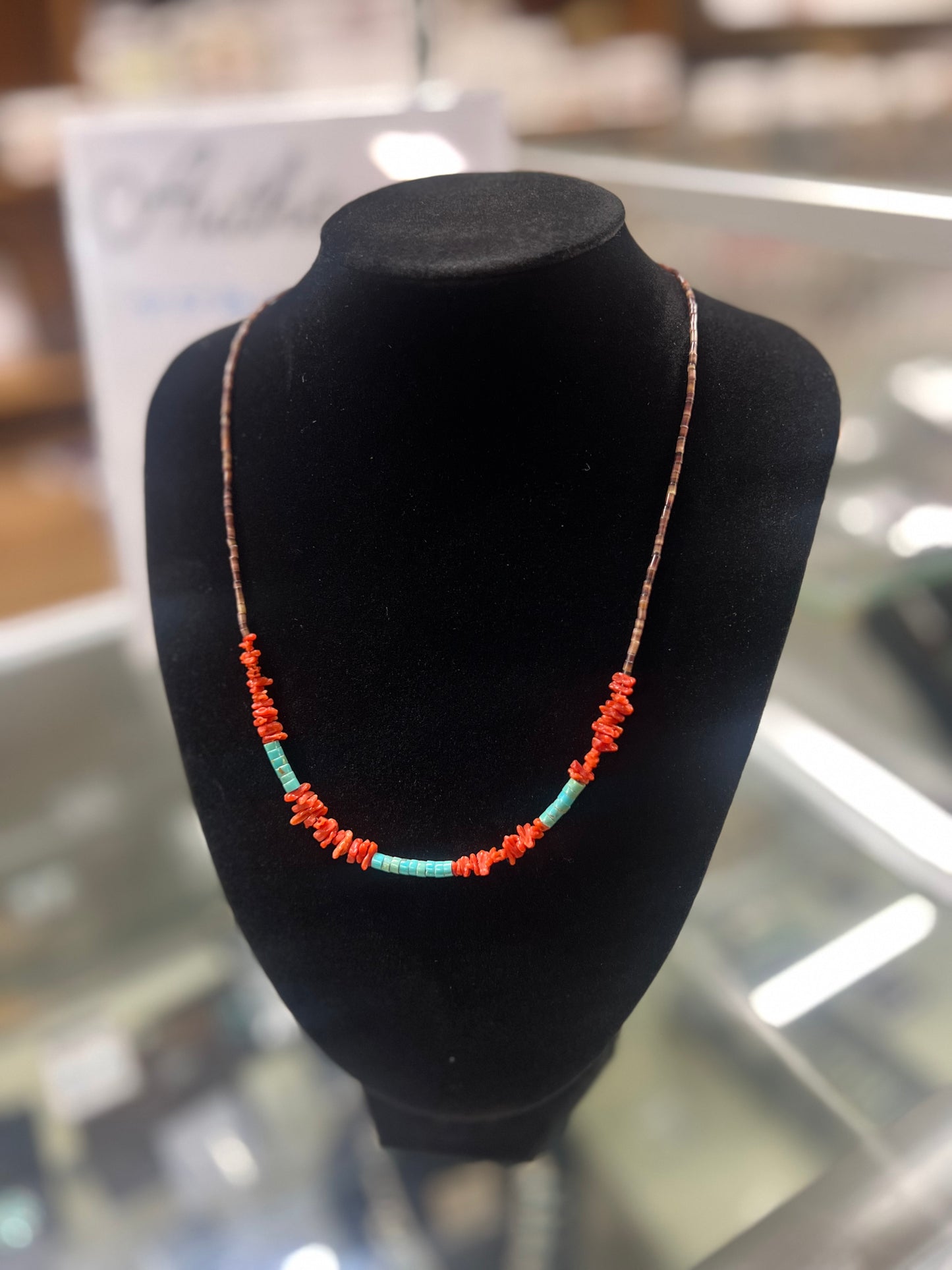 Natural Coral Chips, Turquoise, Heishi Necklace - 19"