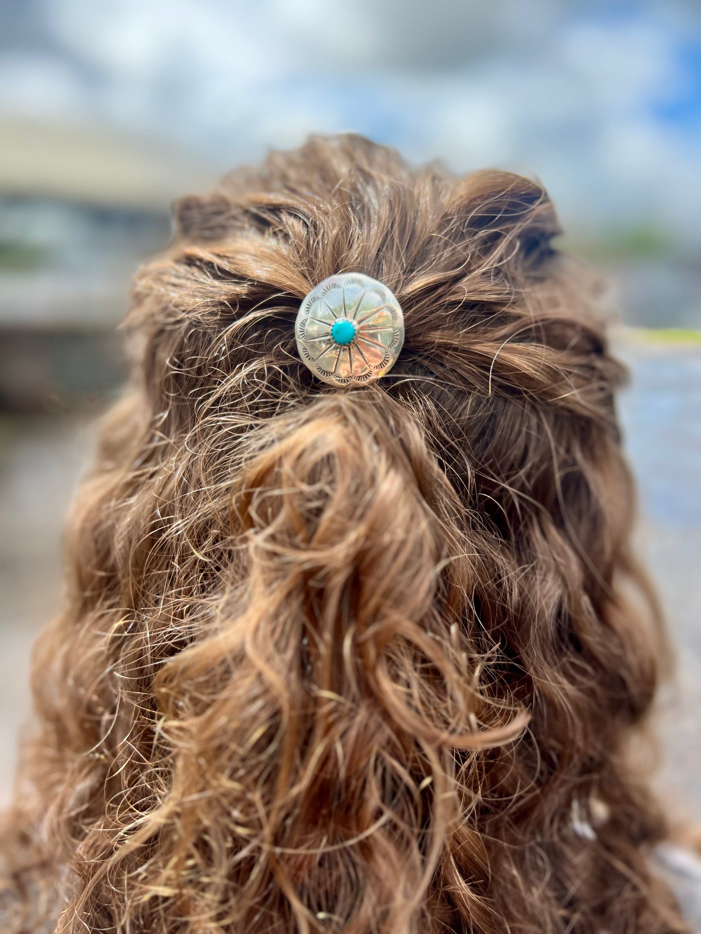 Navajo Genuine Turquoise Sterling Silver Concho Hair Tie