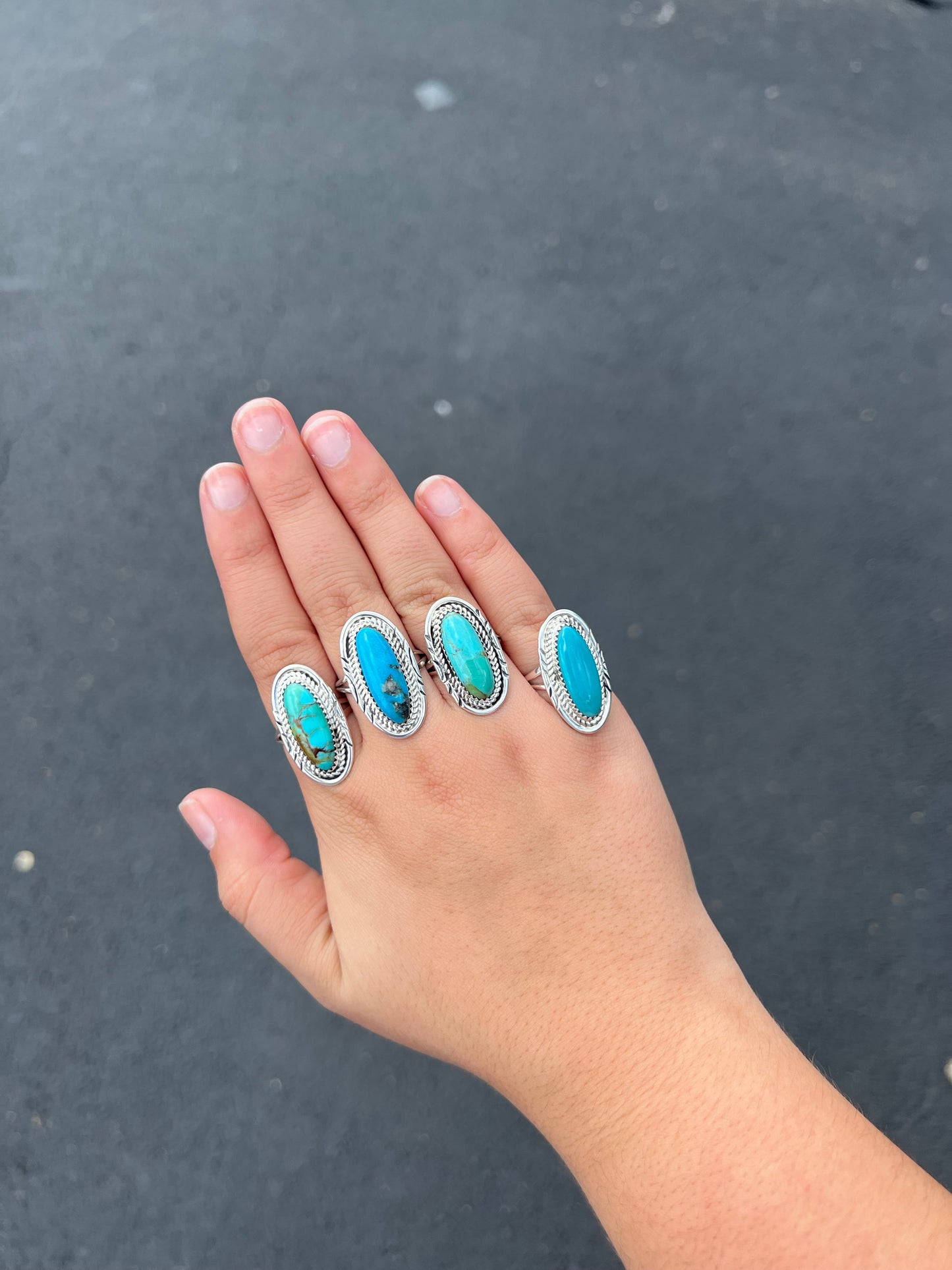 Oval Kingman Turquoise Ring with Stamped Border