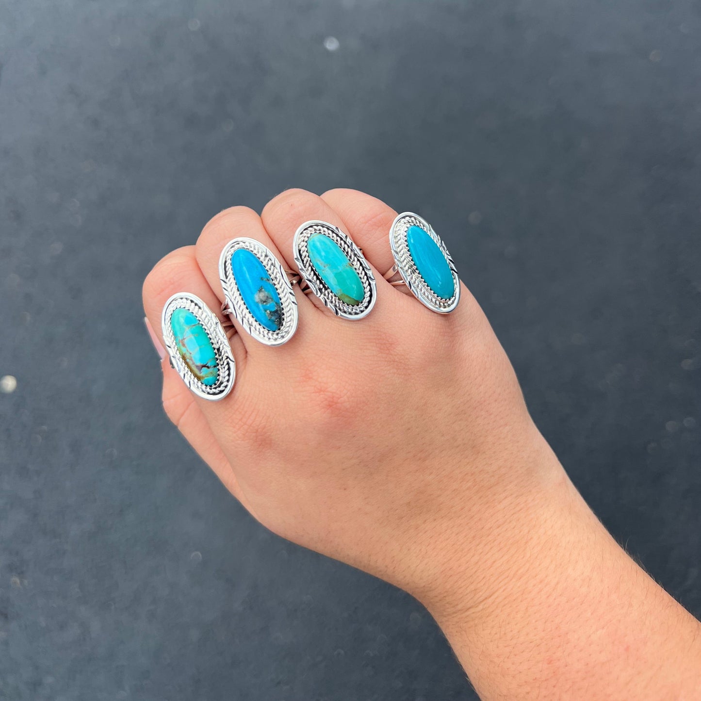 Oval Kingman Turquoise Ring with Stamped Border