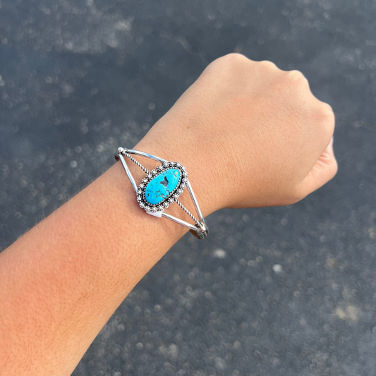 Genuine Kingman Turquoise Berry Border Sterling Silver Cuff Bracelet