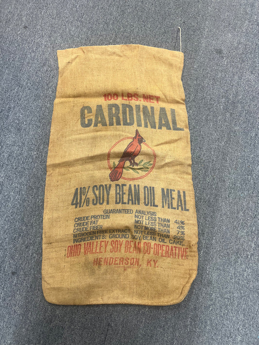 Vintage Cardinal Soy Bean Oil Burlap Sack 100lb Henderson KY