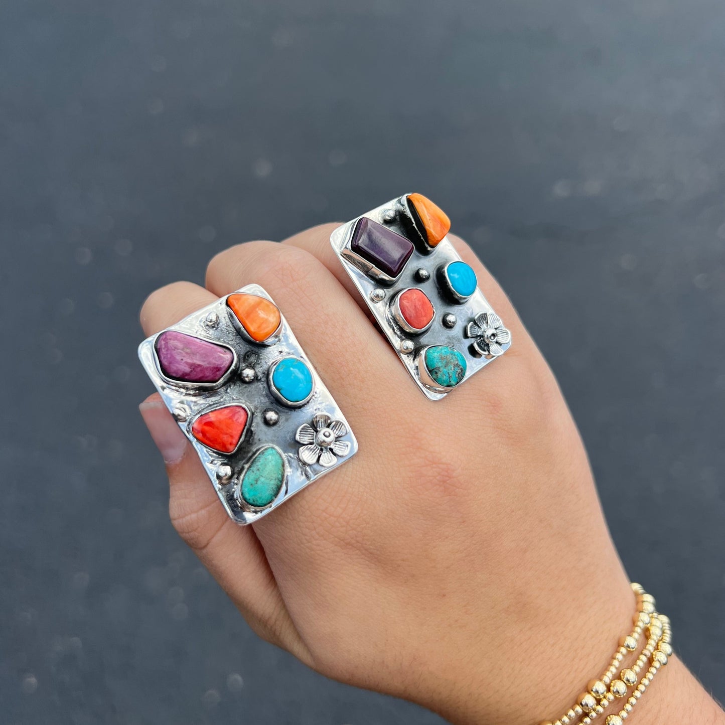 Multi Stone Spiny Oyster and Turquoise Rectangle Statement Ring