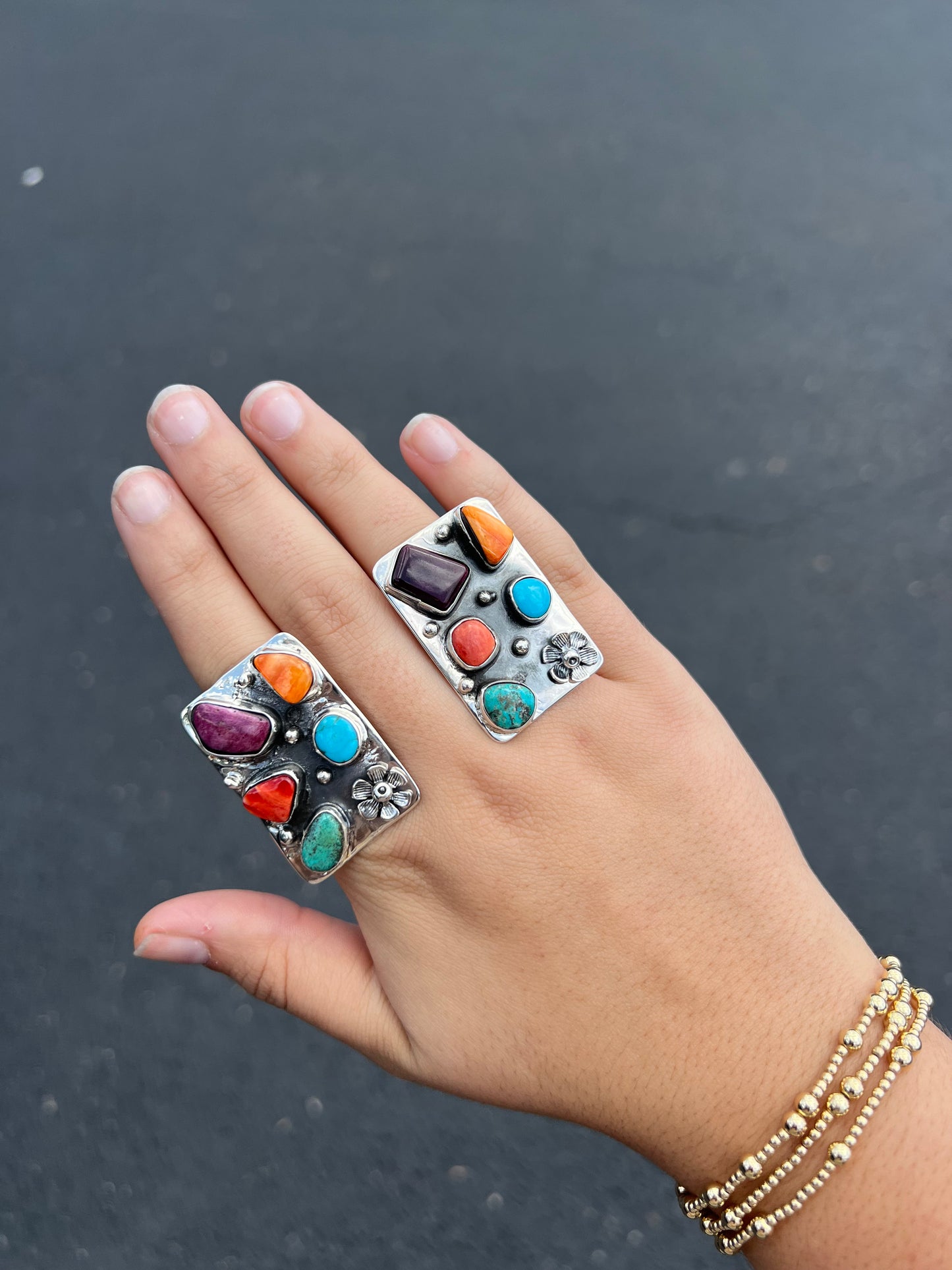 Multi Stone Spiny Oyster and Turquoise Rectangle Statement Ring