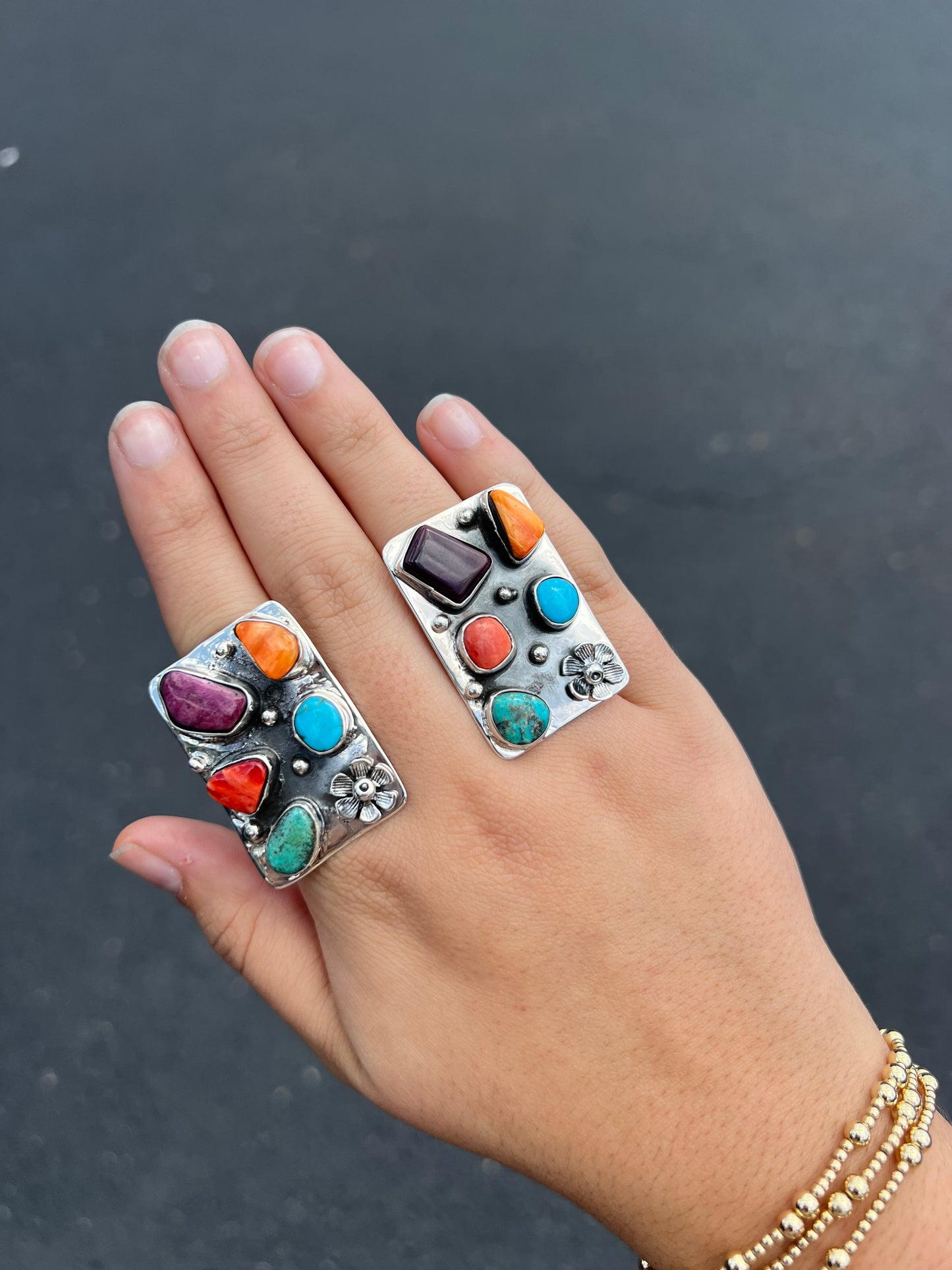 Multi Stone Spiny Oyster and Turquoise Rectangle Statement Ring