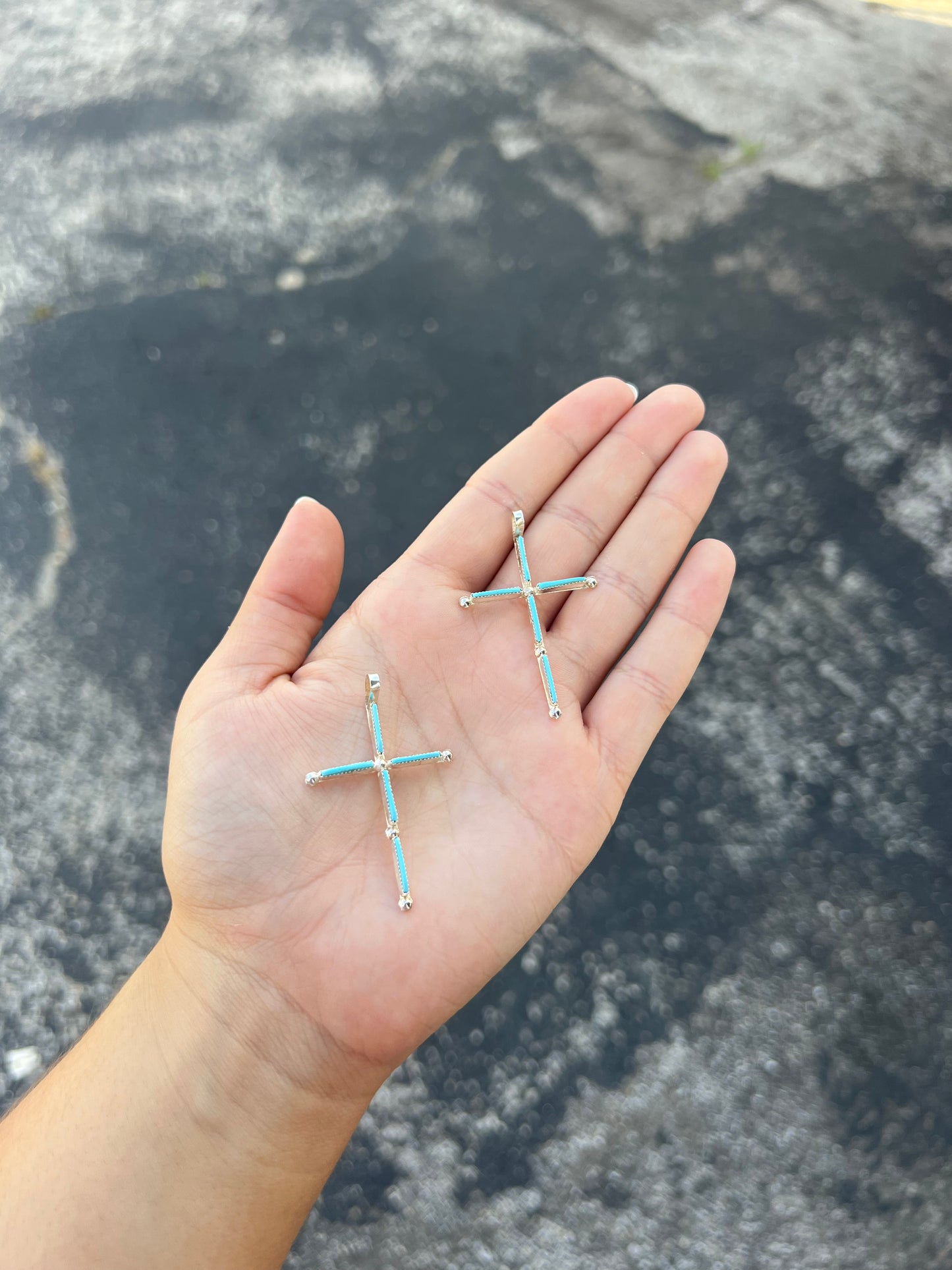 Zuni 5 Stone Genuine Turquoise Needlepoint Cross Sterling Silver Pendant