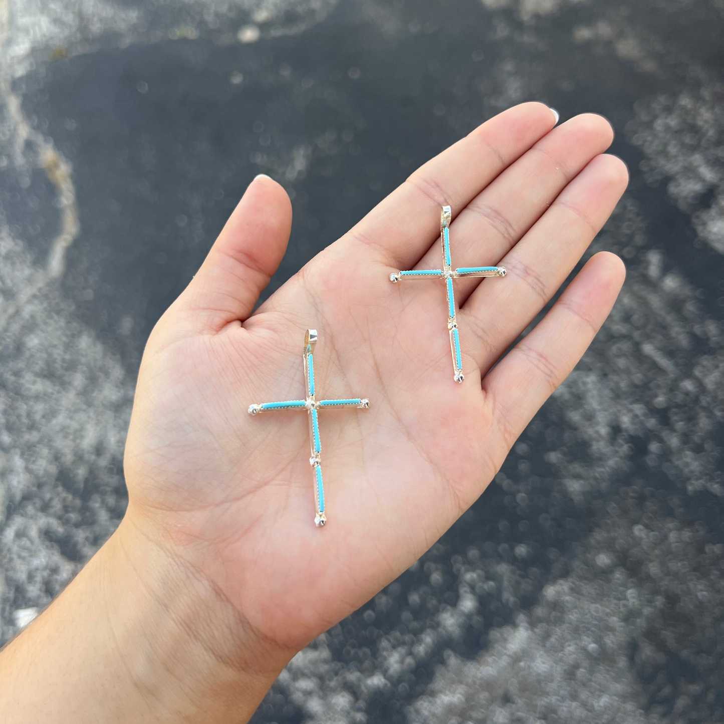 Zuni 5 Stone Genuine Turquoise Needlepoint Cross Sterling Silver Pendant