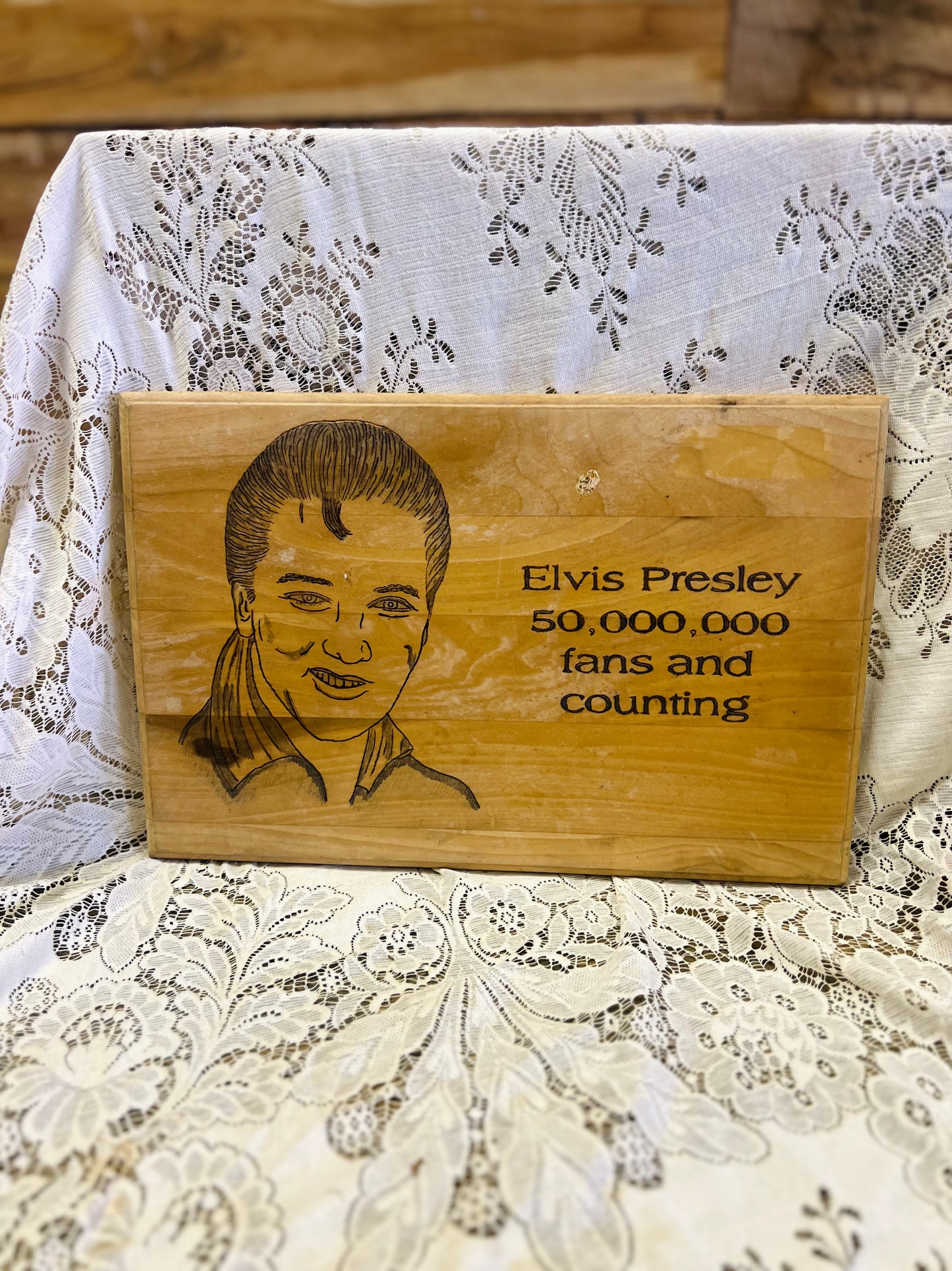 Handmade Wood Burned Elvis Presley Sign "50,000,000 Fans and Counting"