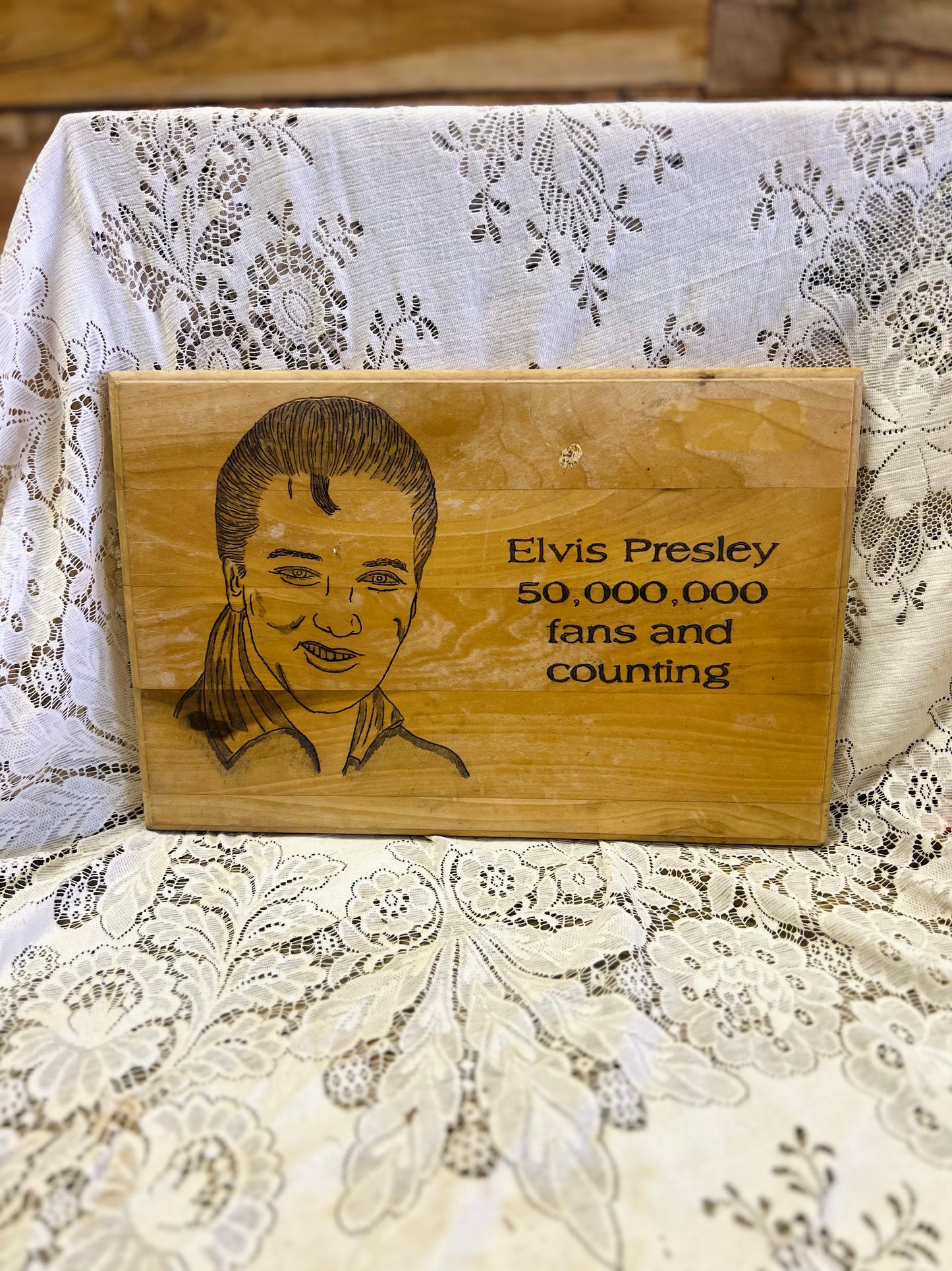 Handmade Wood Burned Elvis Presley Sign "50,000,000 Fans and Counting"