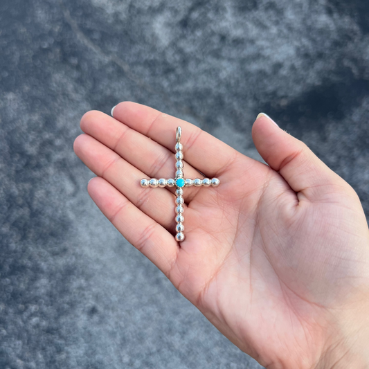 Navajo Pearls Sterling Silver Cross Pendant with Genuine Turquoise Stone