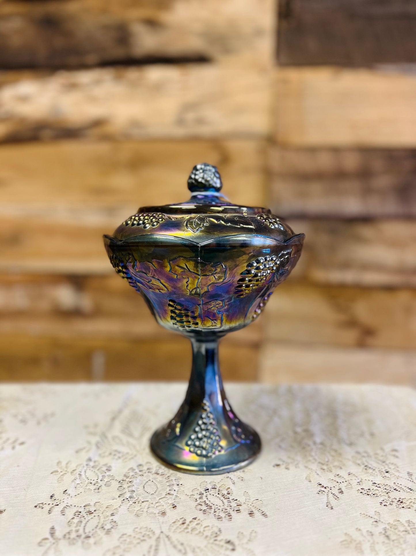 Vintage Blue Carnival Glass Harvest Grape Compote Pedestal Dish with Lid