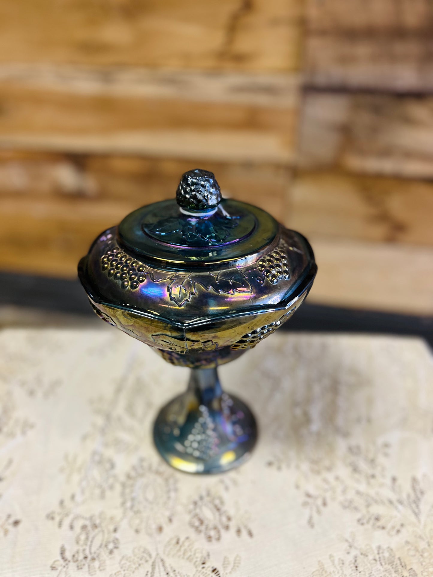 Vintage Blue Carnival Glass Harvest Grape Compote Pedestal Dish with Lid