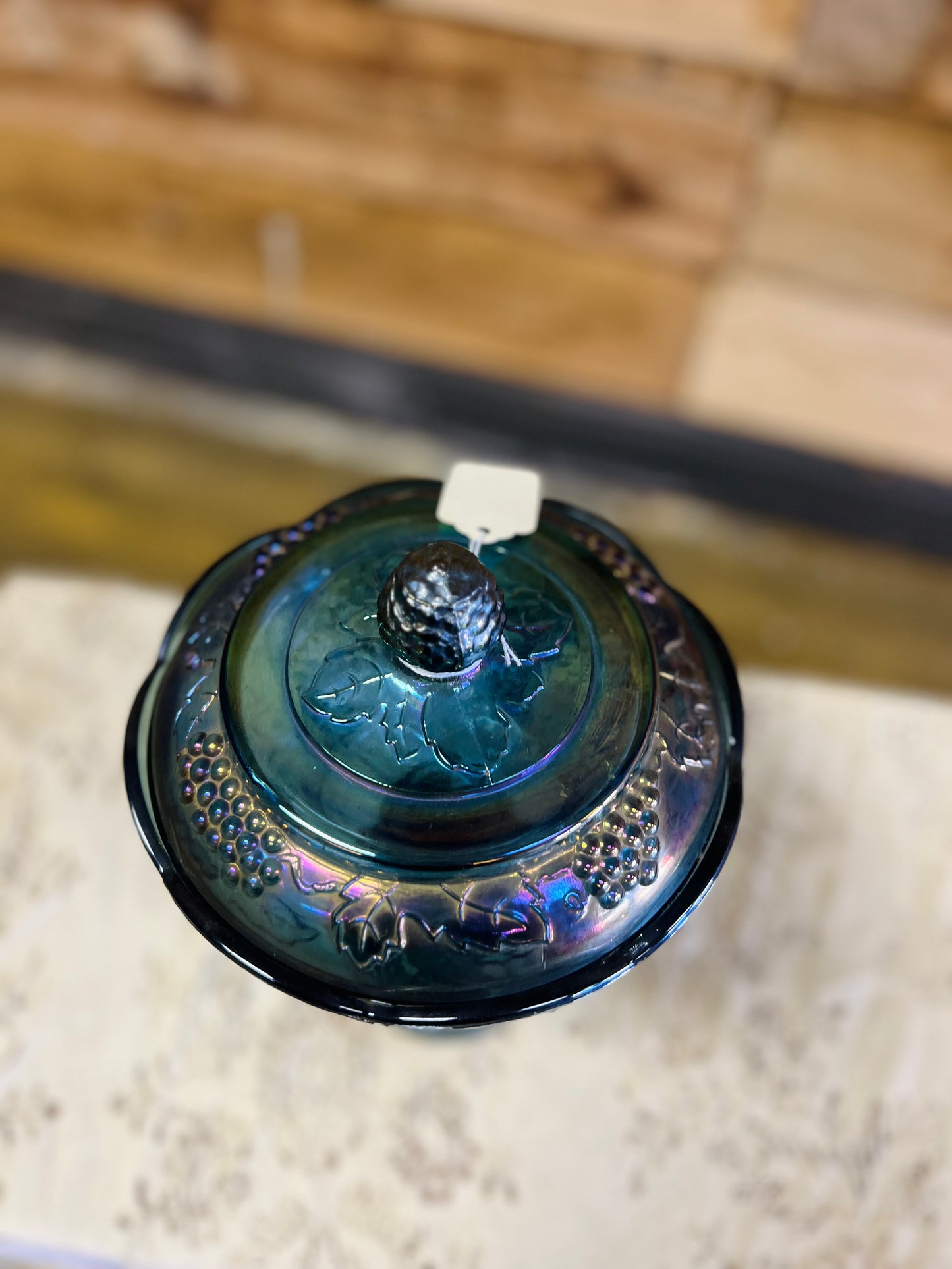 Vintage Blue Carnival Glass Harvest Grape Compote Pedestal Dish with Lid