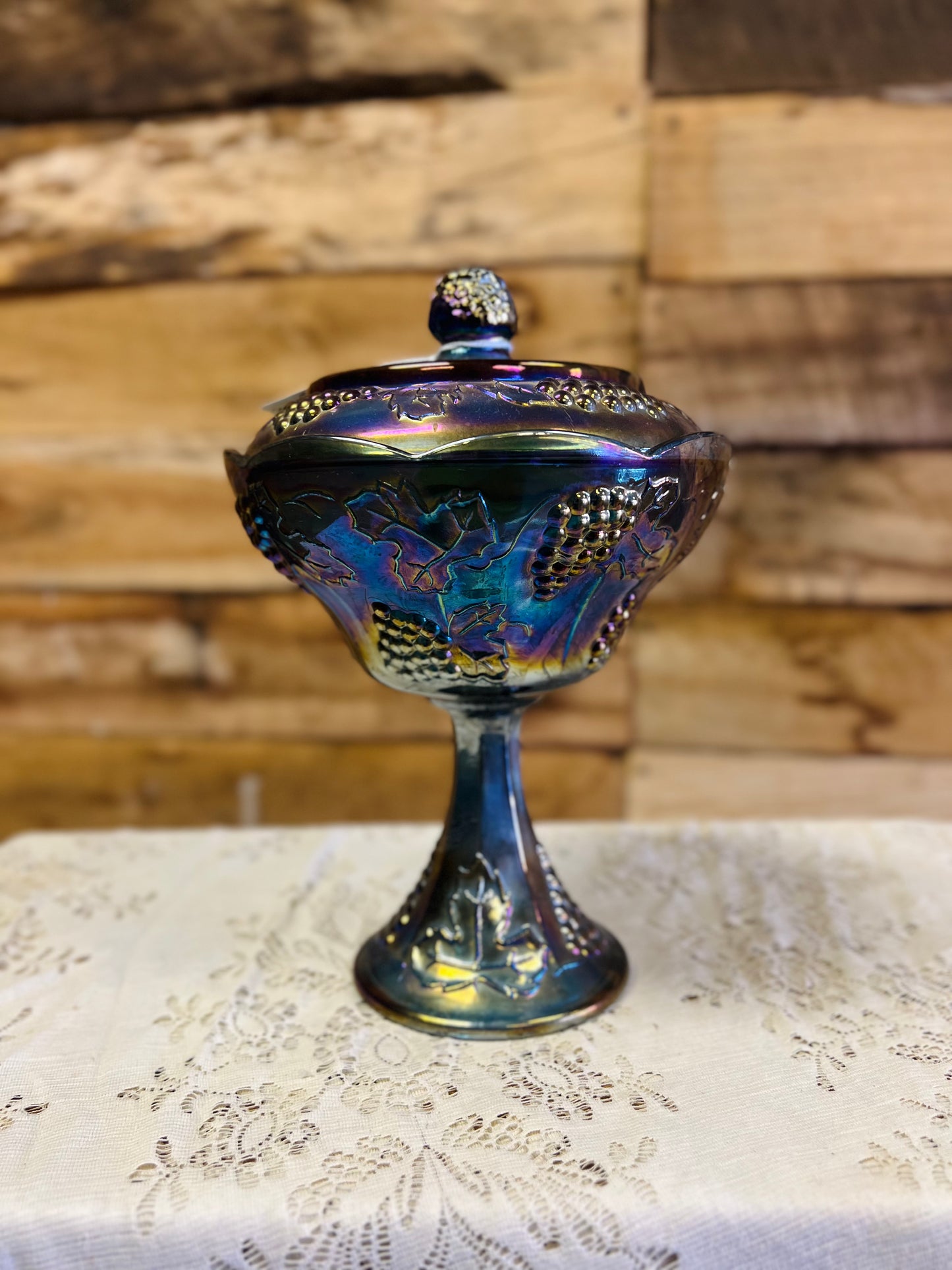 Vintage Blue Carnival Glass Harvest Grape Compote Pedestal Dish with Lid