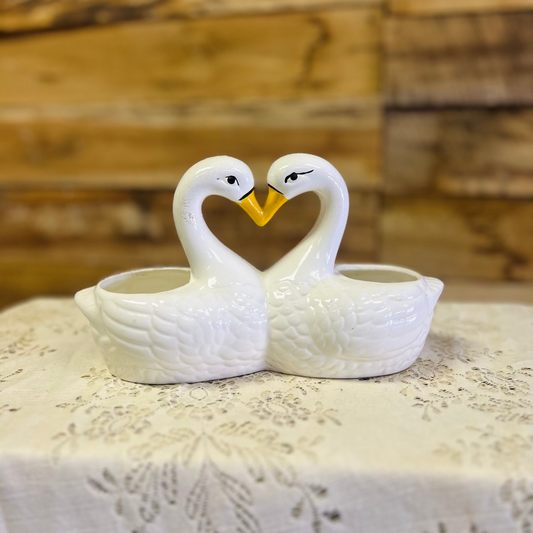 Vintage Double Kissing Swans Heart Planter