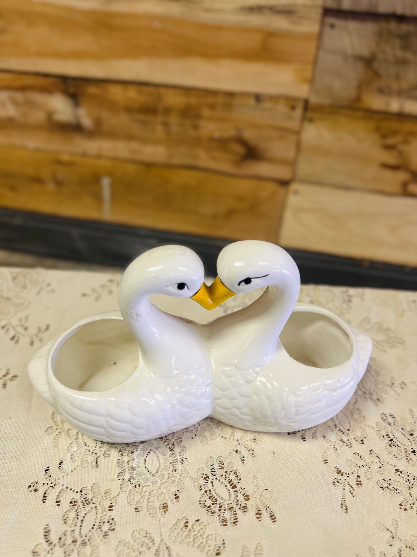 Vintage Double Kissing Swans Heart Planter