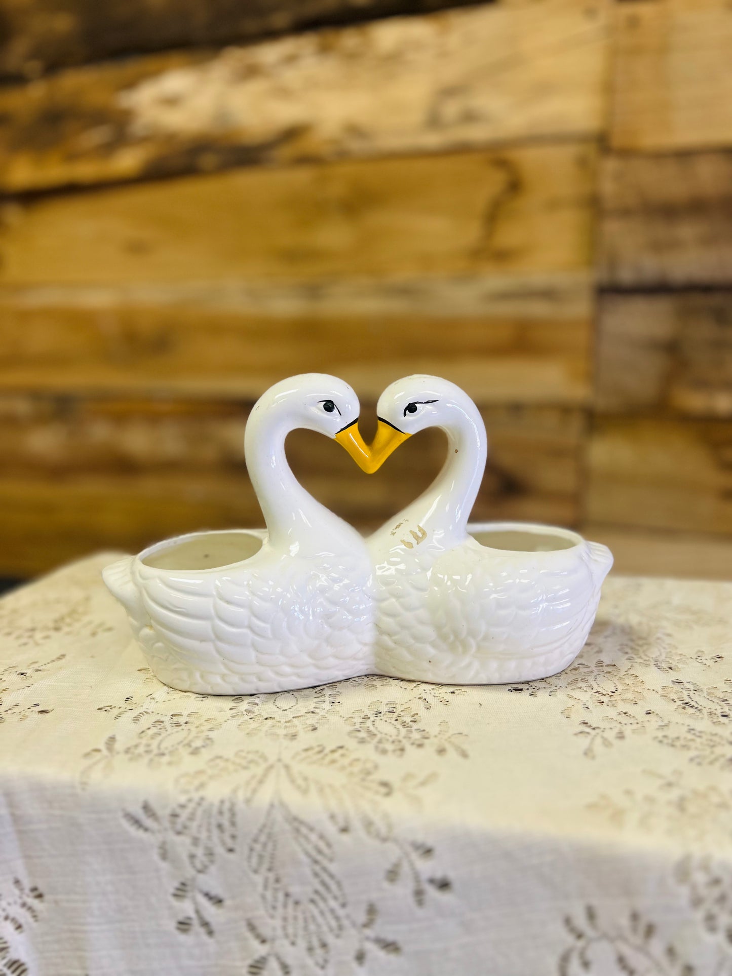 Vintage Double Kissing Swans Heart Planter